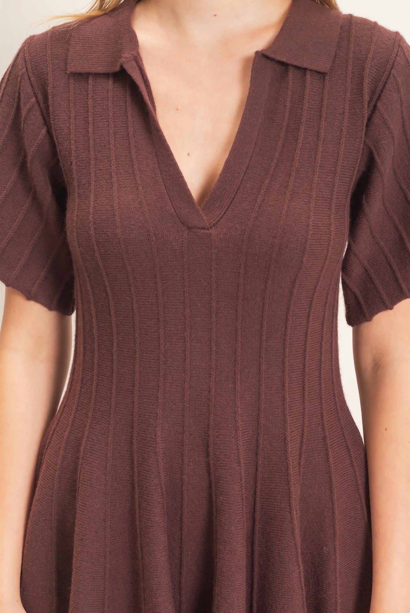 Wholesale Ribbed Knit Collared Dress Dresses HF26E365 CHESTNUT HYFVE