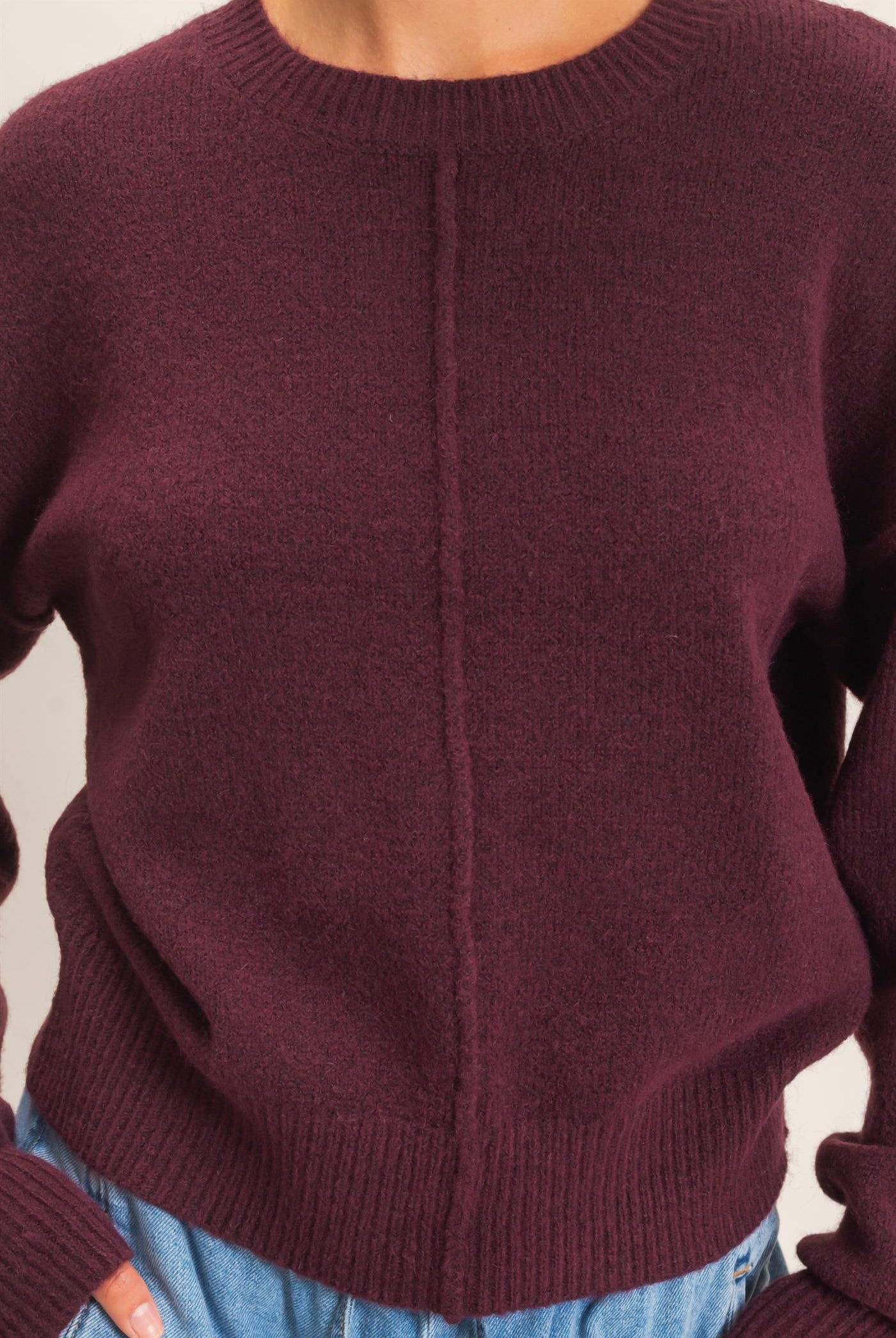 Wholesale Crew Neck Seam Detail Sweater Sweaters DZ26E240 DARK CHERRY DOUBLE ZERO