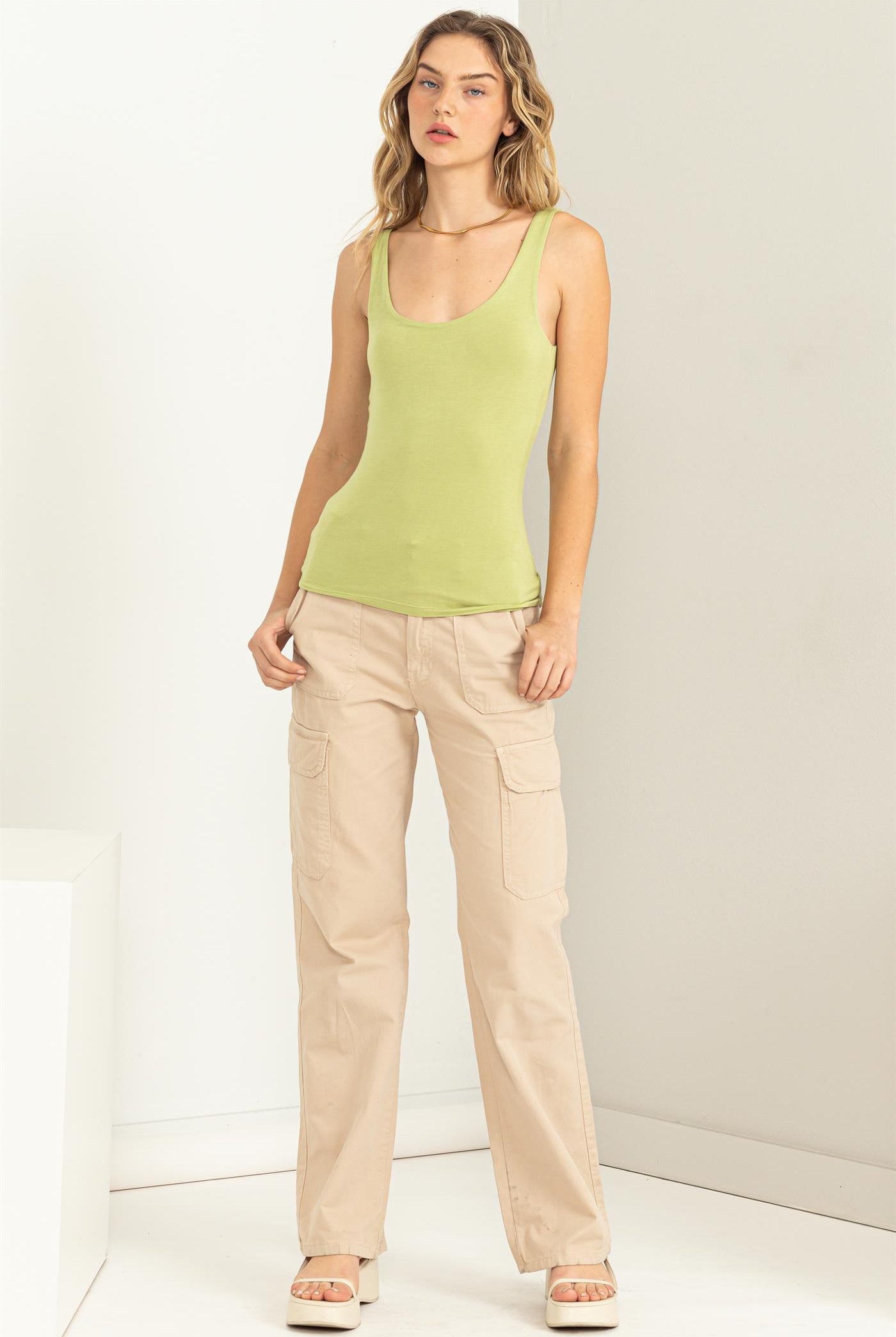 Wholesale Scoop Neck Tank Top Clothing Tops DZ23A793 PALE OLIVE DOUBLE ZERO