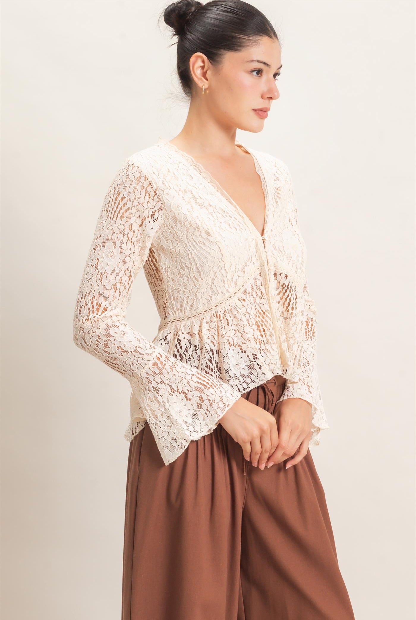 Wholesale Lace V-Neck Peplum Top Clothing Tops HF26E560 CREAM HYFVE
