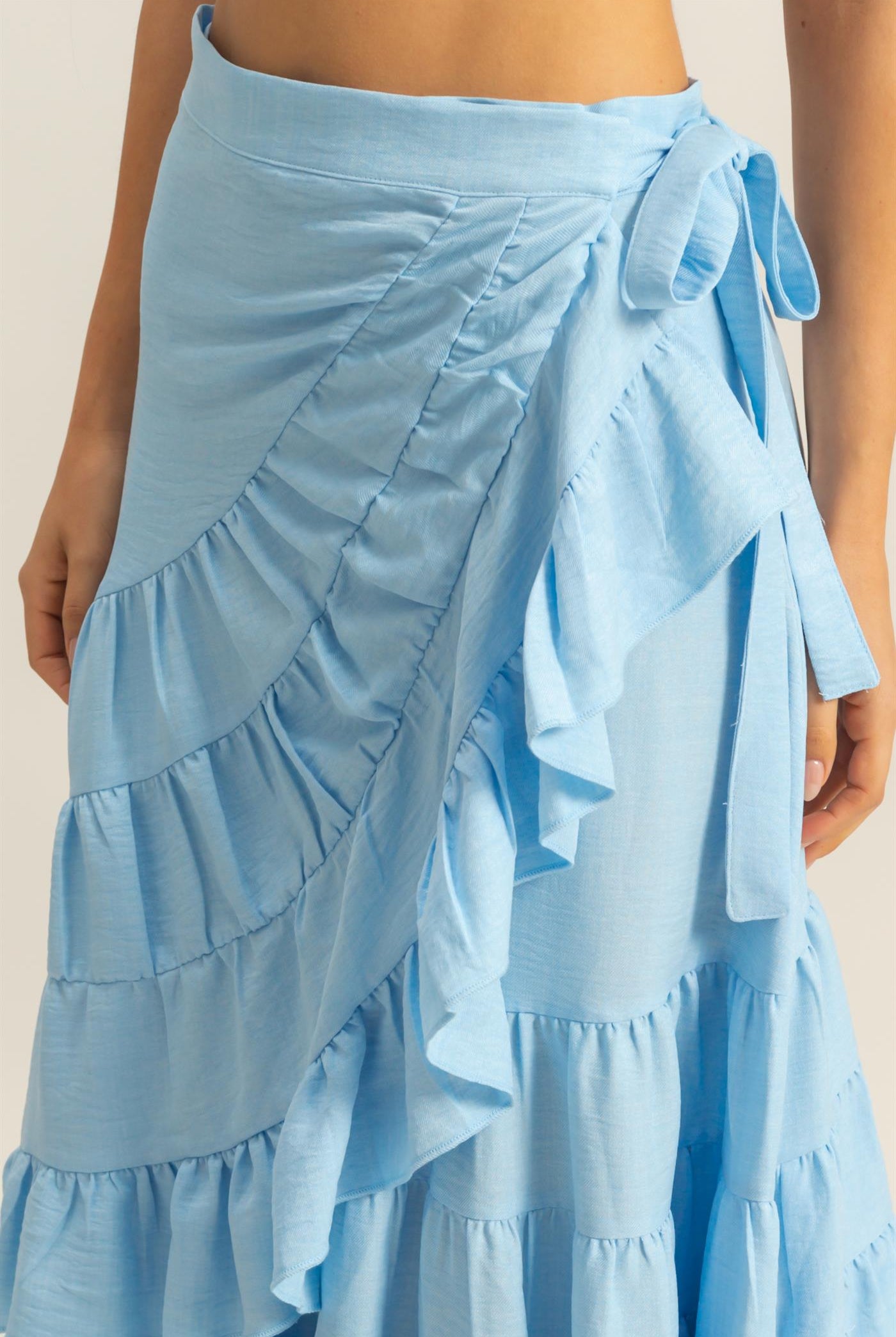 Wholesale High-Waist Tiered Wrap Maxi Skirt Skirts HF24F553 L.BLUE HYFVE