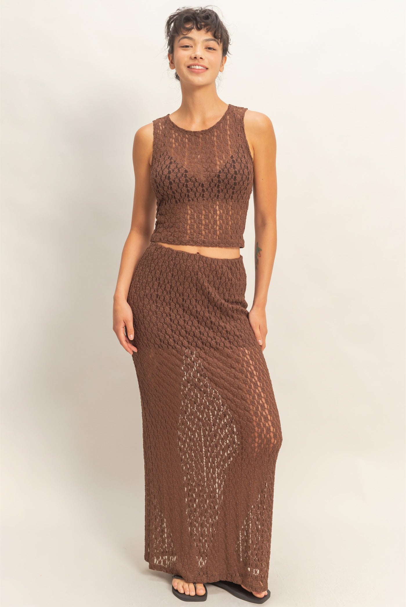 Wholesale Round Neck Lace Top & Lace Maxi Skirt Set Clothing DZ26C670-SET CHOCOLATE DOUBLE ZERO
