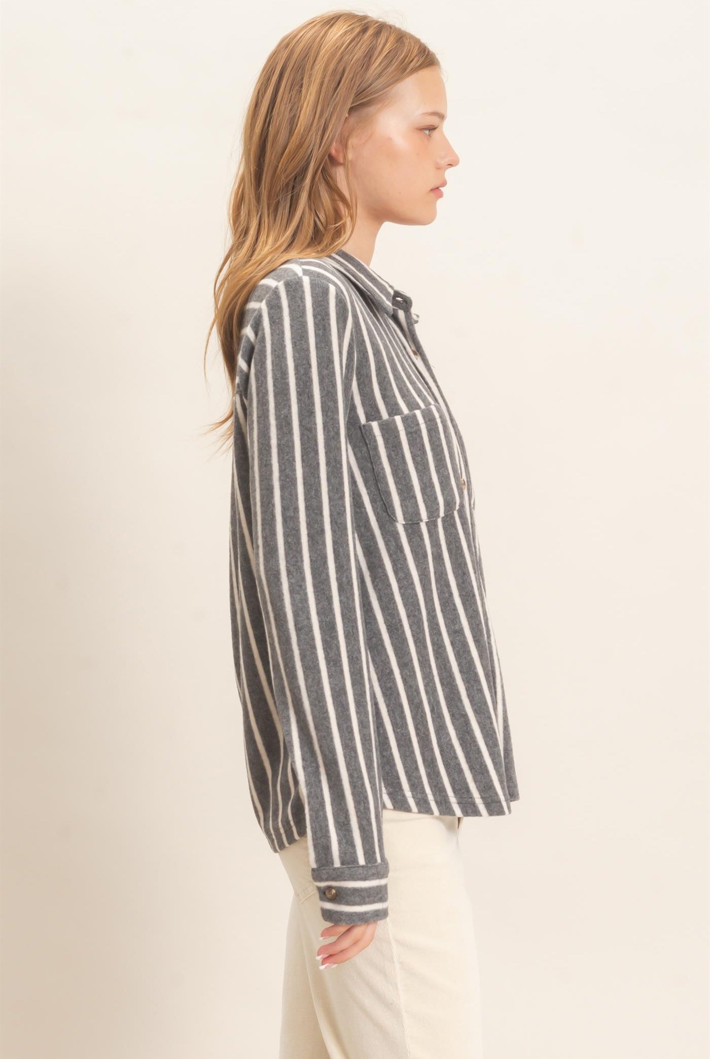 Wholesale Striped Button-Up Knit Shirt Clothing Tops HF26E189 GRAY HYFVE