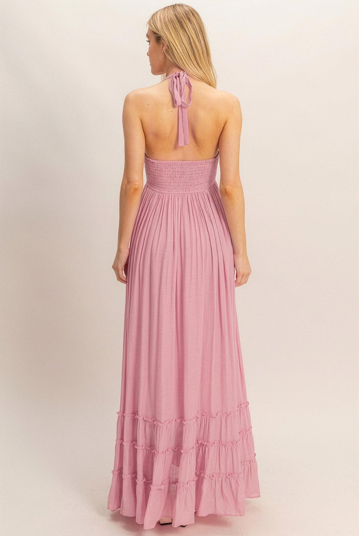 Wholesale Halter Neck Smocked Maxi Dress Dresses HF26C287-D PINK HYFVE