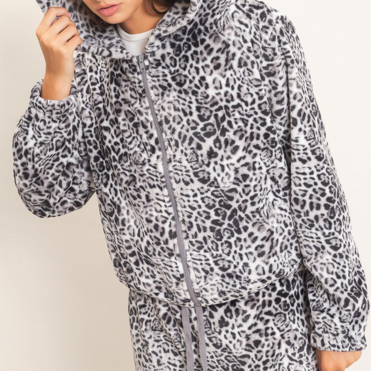 Wholesale Leopard Fleece Zip-Up Hoodie Hoodies DZ26E831 GRAY DOUBLE ZERO