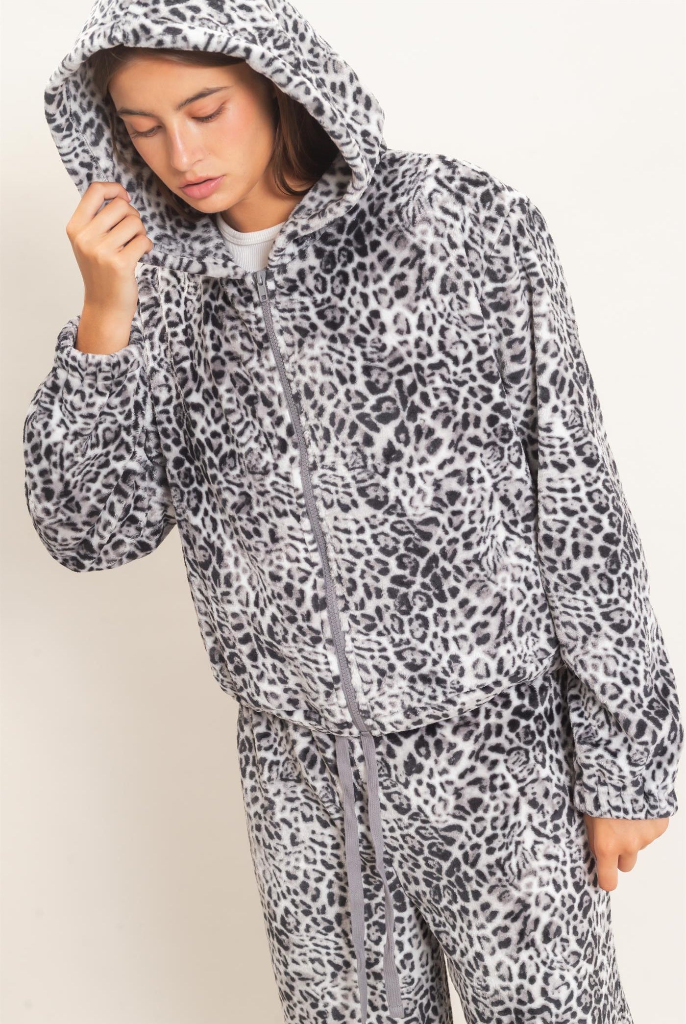 Wholesale Leopard Fleece Zip-Up Hoodie Hoodies DZ26E831 GRAY DOUBLE ZERO