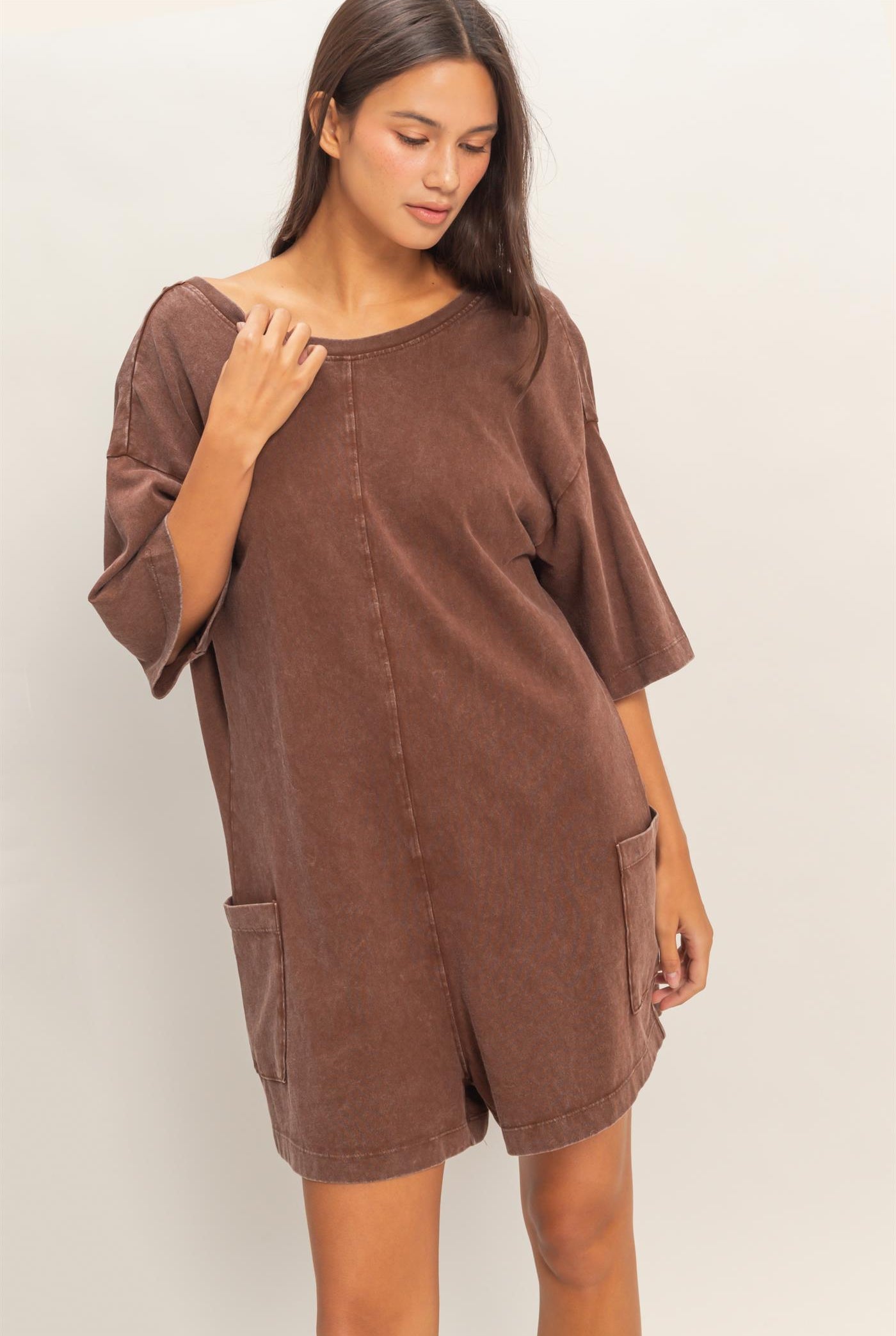 Wholesale Mineral Washed V-Back Romper Clothing DZ26A326 CHOCOLATE HYFVE