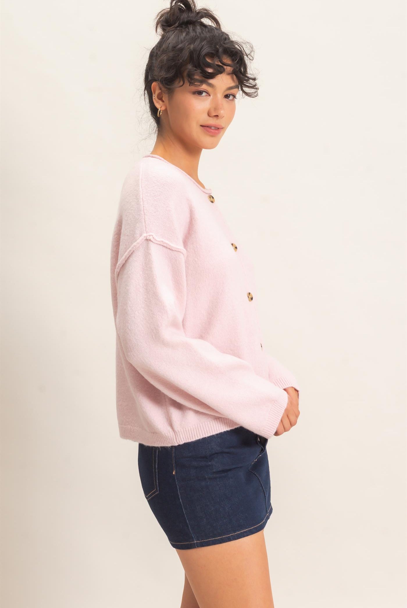 Wholesale Crew Neck Loose Fit Cardigan Cardigans DZ26E269 LIGHT PINK DOUBLE ZERO