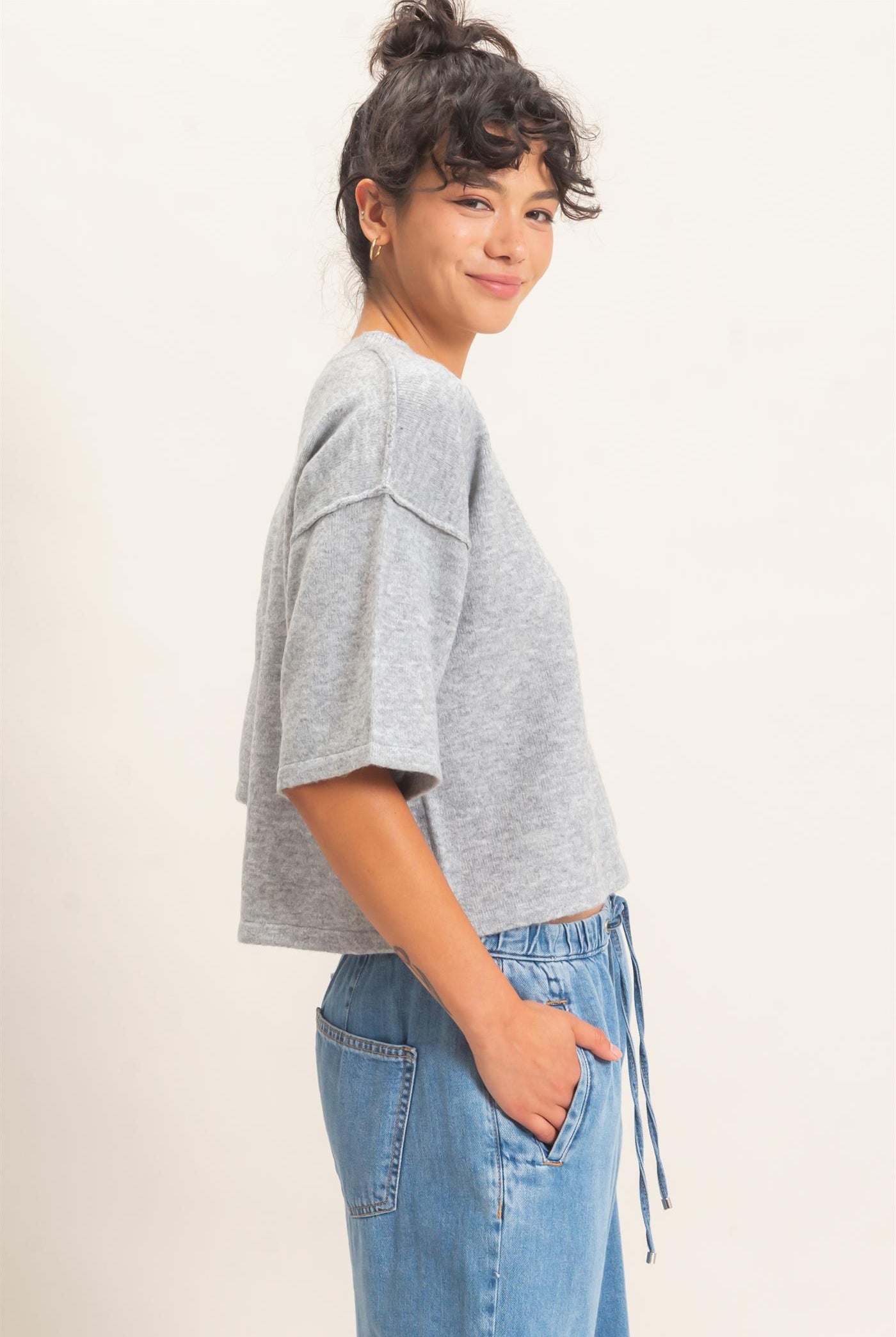 Wholesale Drop Shoulder Short Sleeve Cardigan Cardigans DZ26E238 HEATHER GRAY DOUBLE ZERO