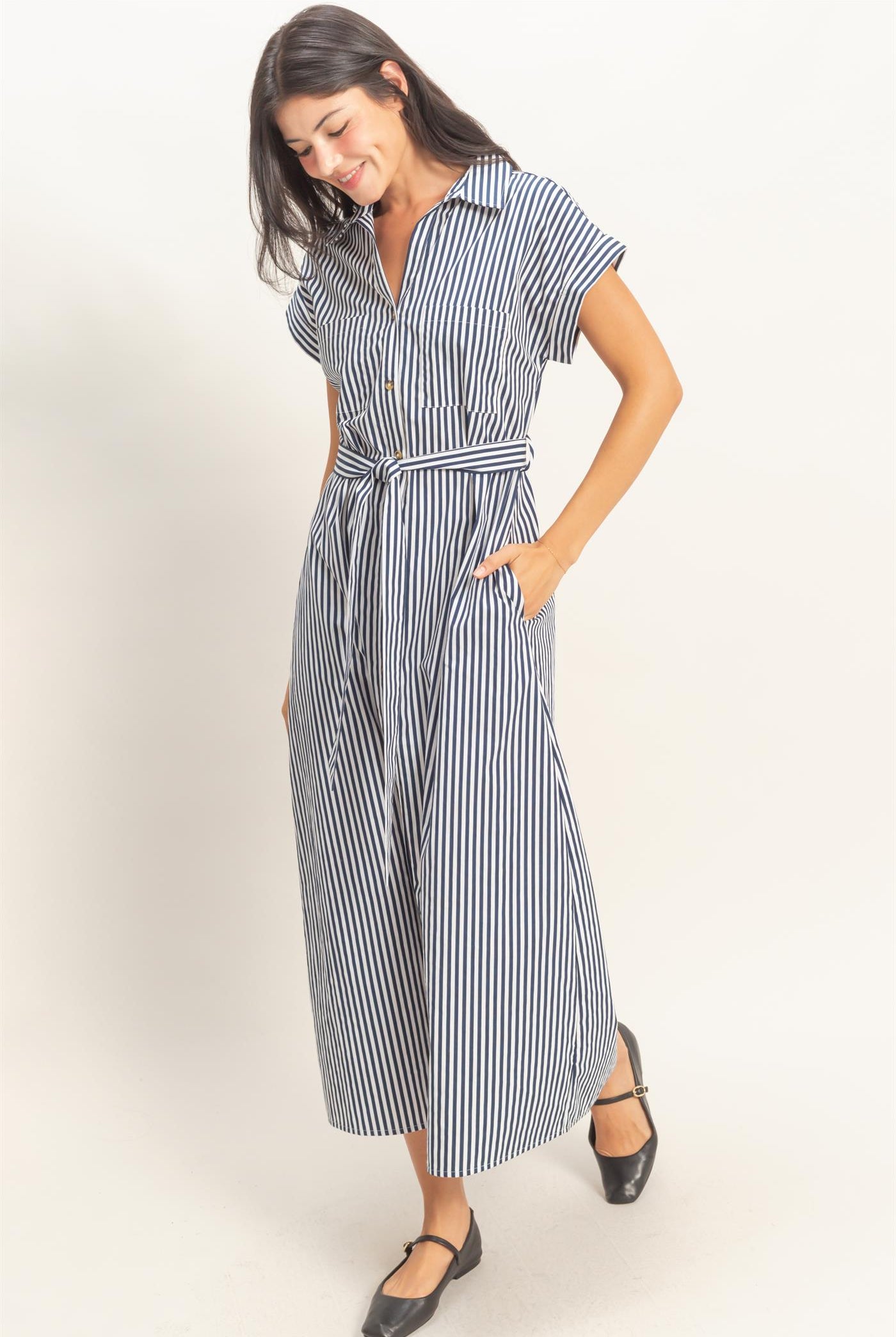 Wholesale Striped Poplin Belted Shirt Dress With Pockets Dresses DZ26C129 NAVY DOUBLE ZERO
