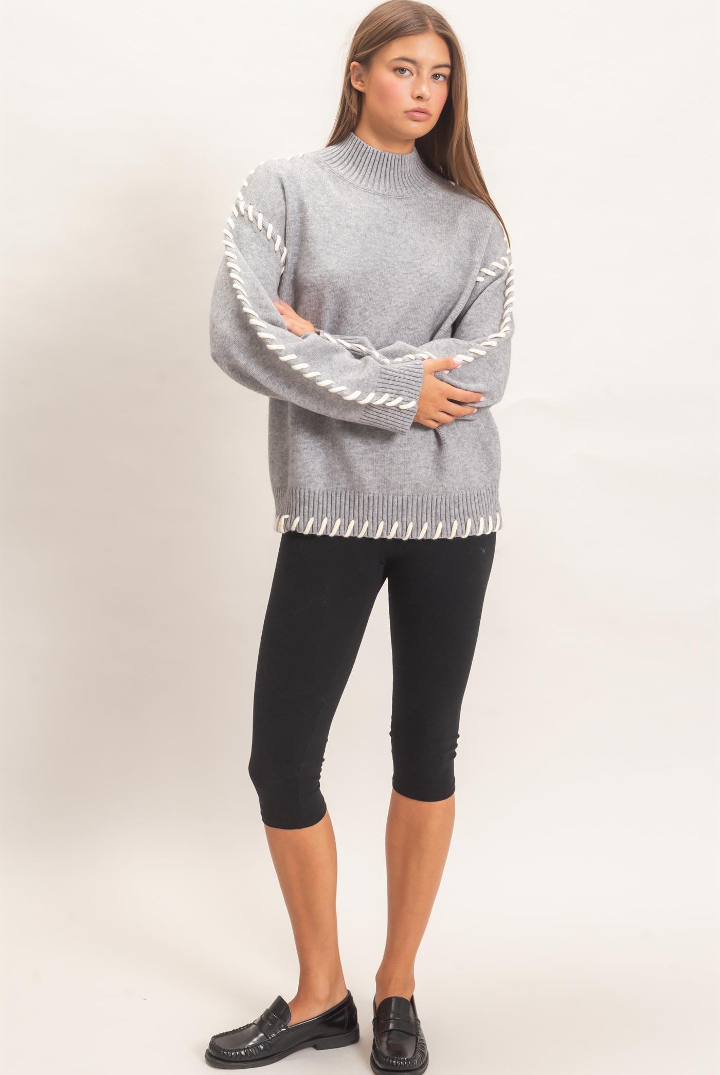 Wholesale Blanket Stitch High Neck Sweater Sweaters DZ27A190 HEATHER GRAY DOUBLE ZERO