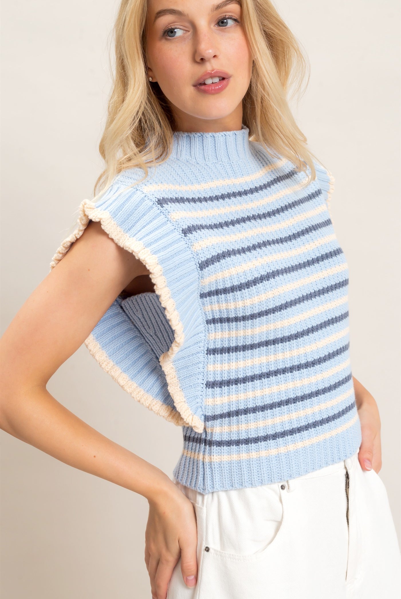 Wholesale Ribbed Ruffle Sleeve Sweater Sweaters HF26F182 L.BLUE HYFVE