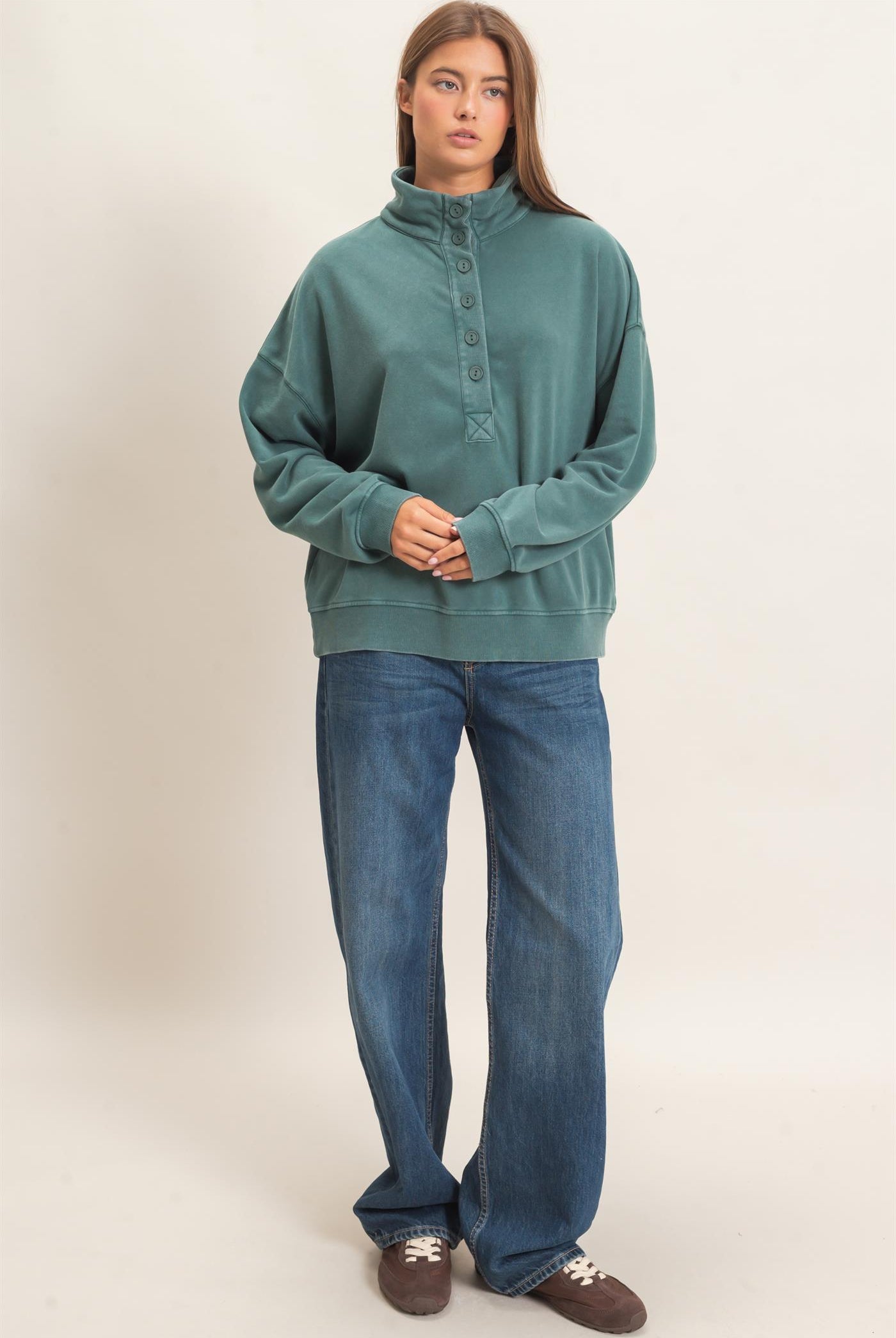 Wholesale Mineral Wash Button Front Sweatshirt Sweatshirts DZ26C909 DARK GREEN DOUBLE ZERO