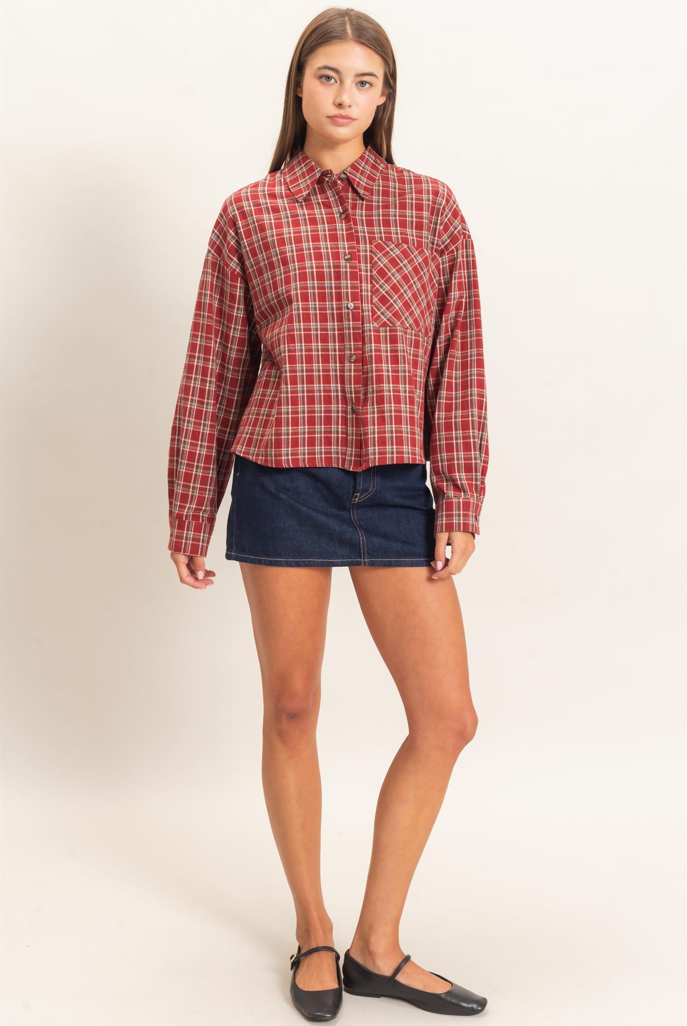 Wholesale Plaid Button-Up Shirt Clothing Tops DZ26E395 DARK RED DOUBLE ZERO