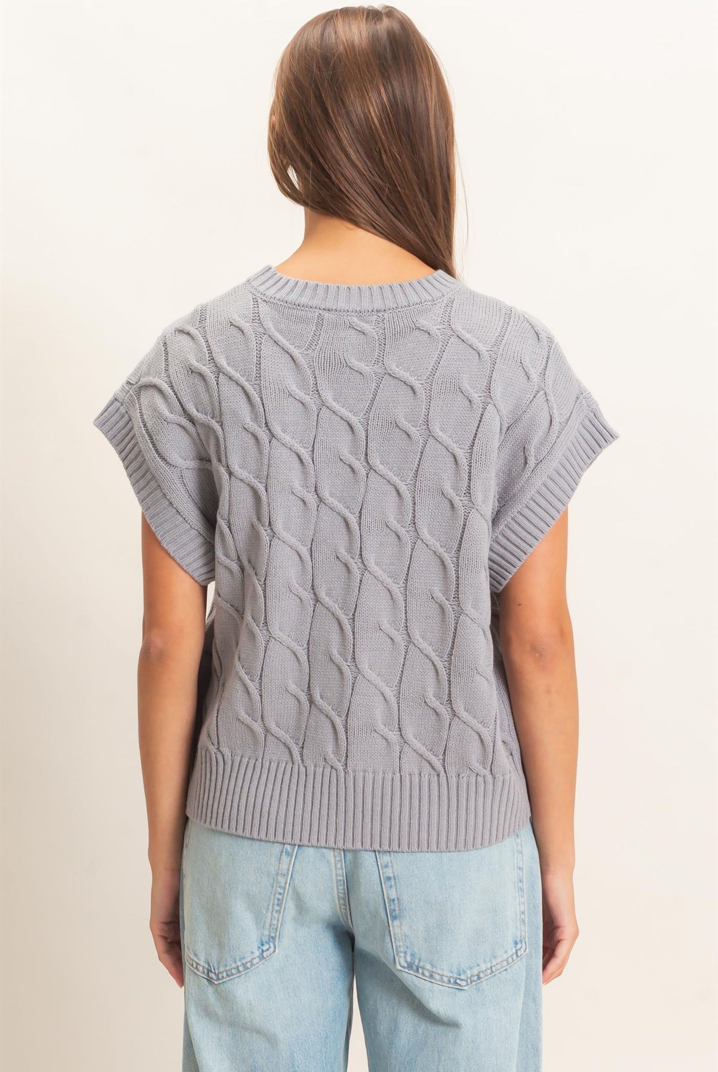 Wholesale Cable Knit Cap Sleeve Sweater Sweaters DZ26C974 GRAY DOUBLE ZERO