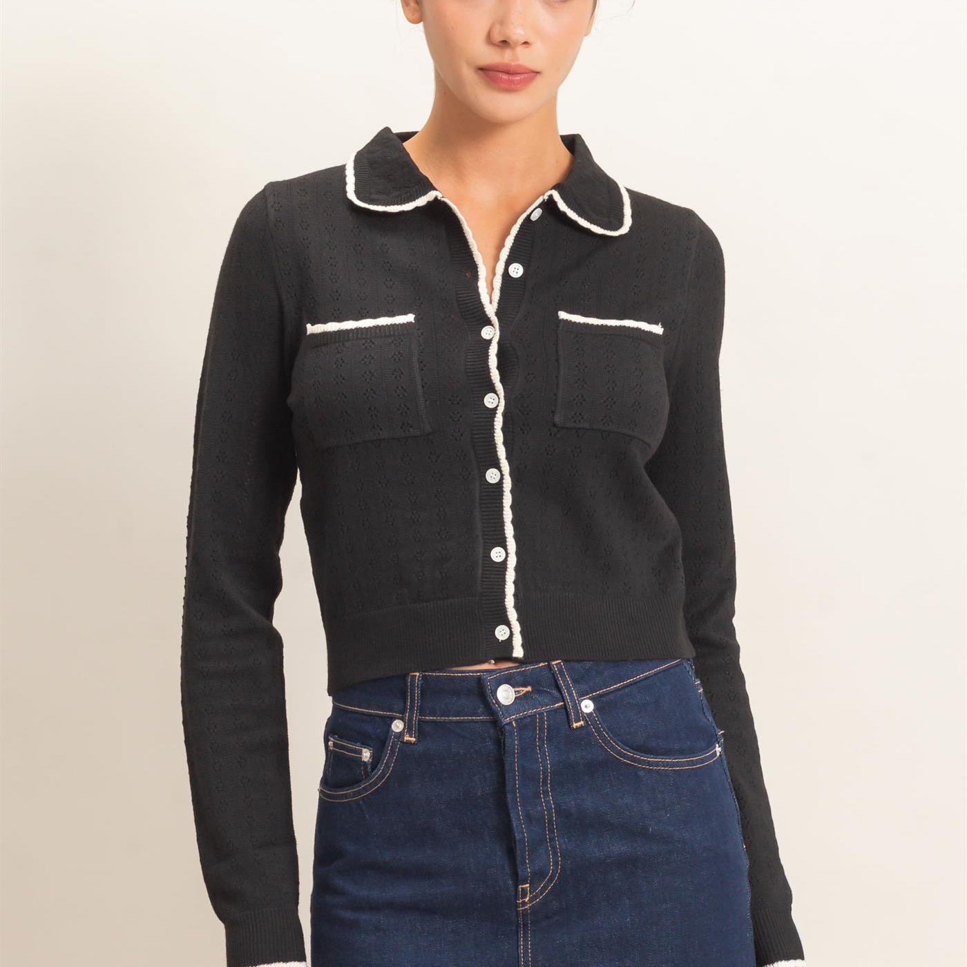 Wholesale Collared Pointelle Knit Cardigan Sweaters DZ26E101 BLACK DOUBLE ZERO