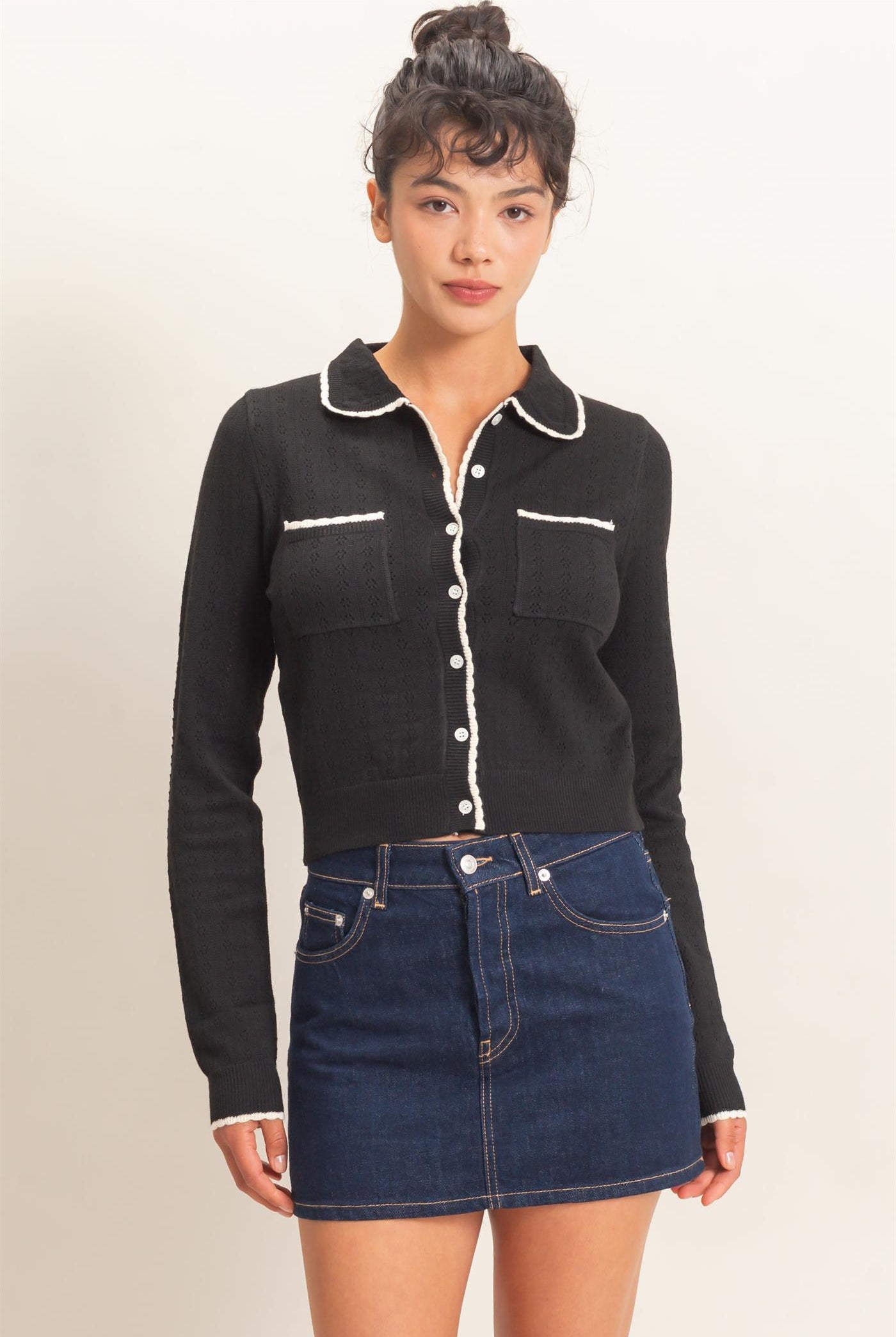 Wholesale Collared Pointelle Knit Cardigan Sweaters DZ26E101 BLACK DOUBLE ZERO