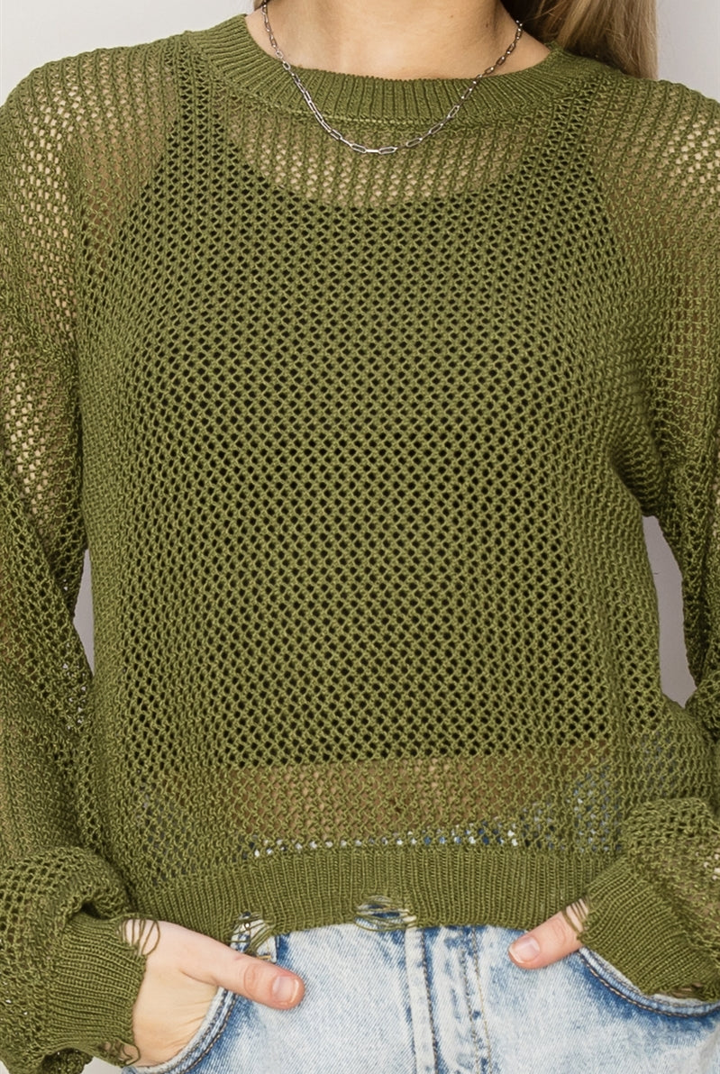 Wholesale Distressed Knit Sweater Clothing Tops DZ24C038 MOSS DOUBLE ZERO