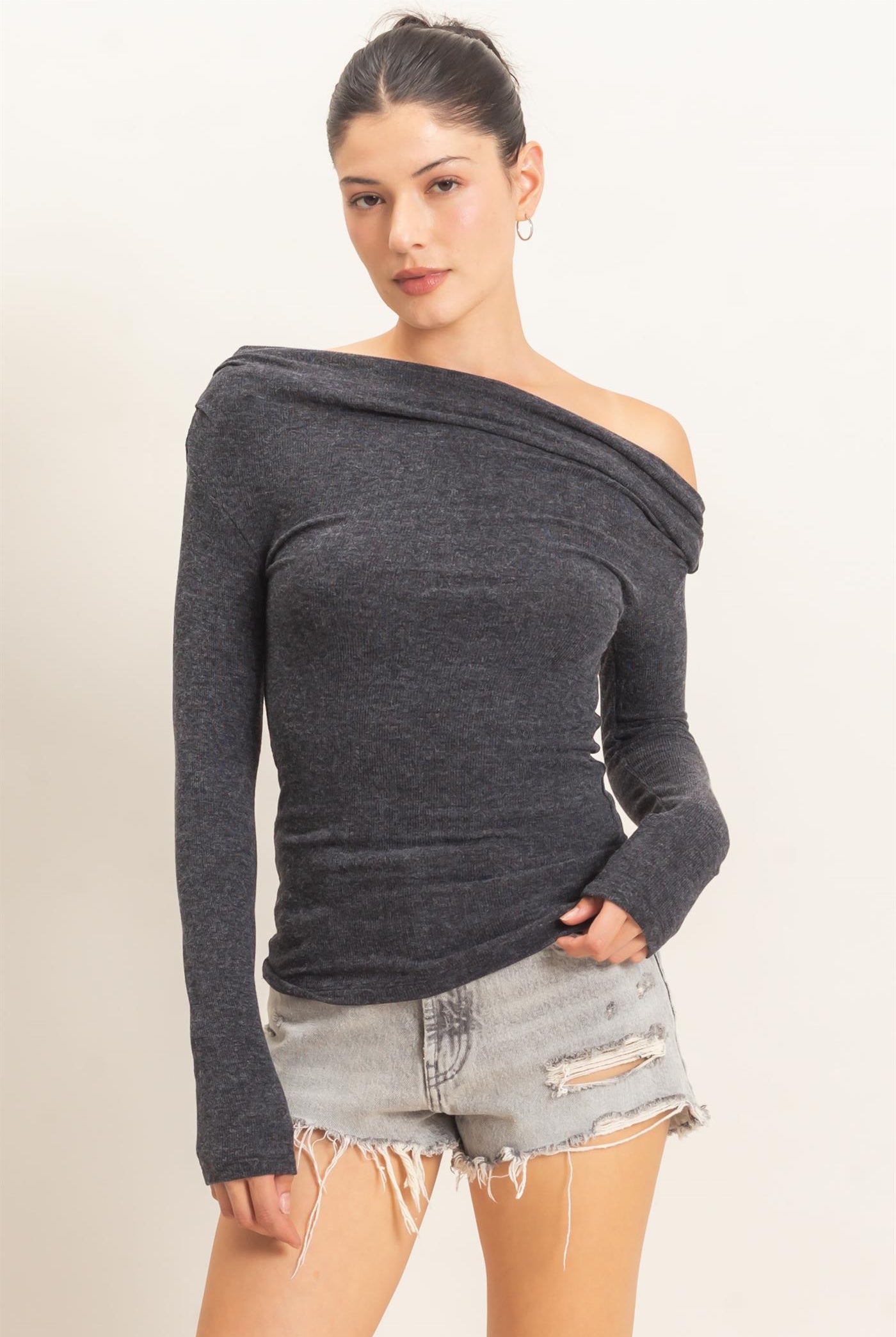 Wholesale Asymmetrical Off-Shoulder Top Clothing Tops HF26E377 CHARCOAL HYFVE