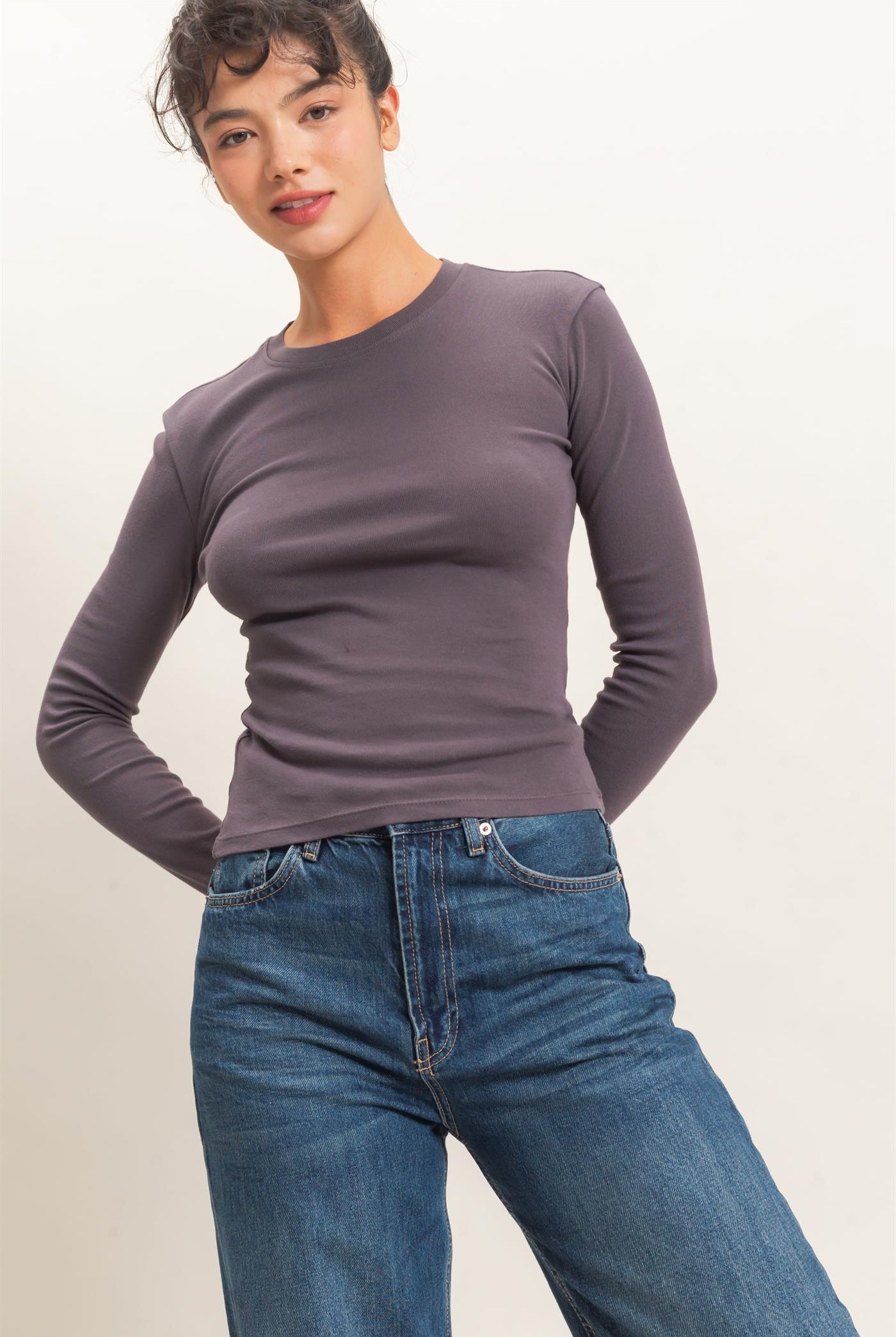 Wholesale Crew Neck Long Sleeve Top Clothing Tops DZ26E184 CHARCOAL DOUBLE ZERO