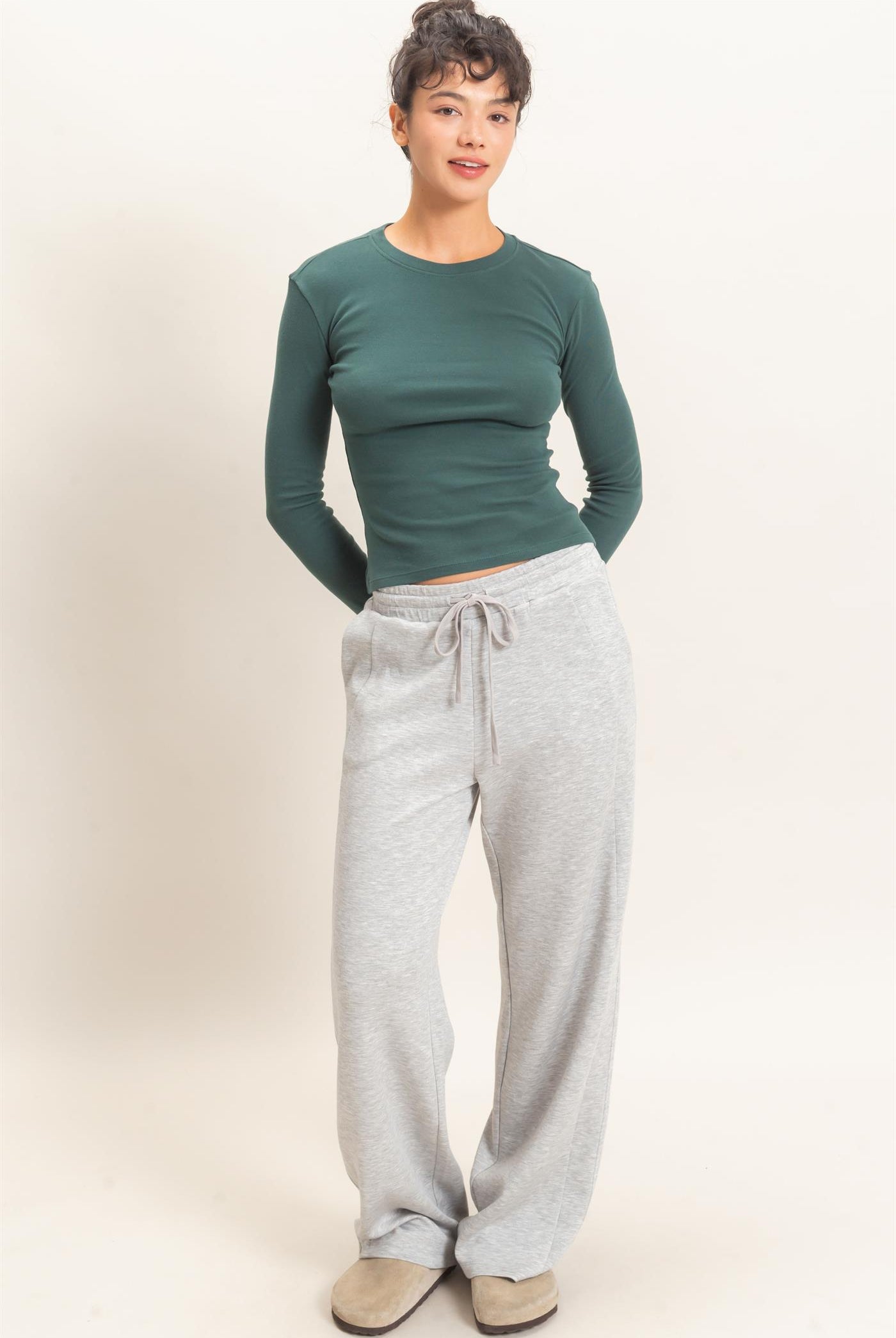 Wholesale Crew Neck Long Sleeve Top Clothing Tops DZ26E184 DARK GREEN DOUBLE ZERO