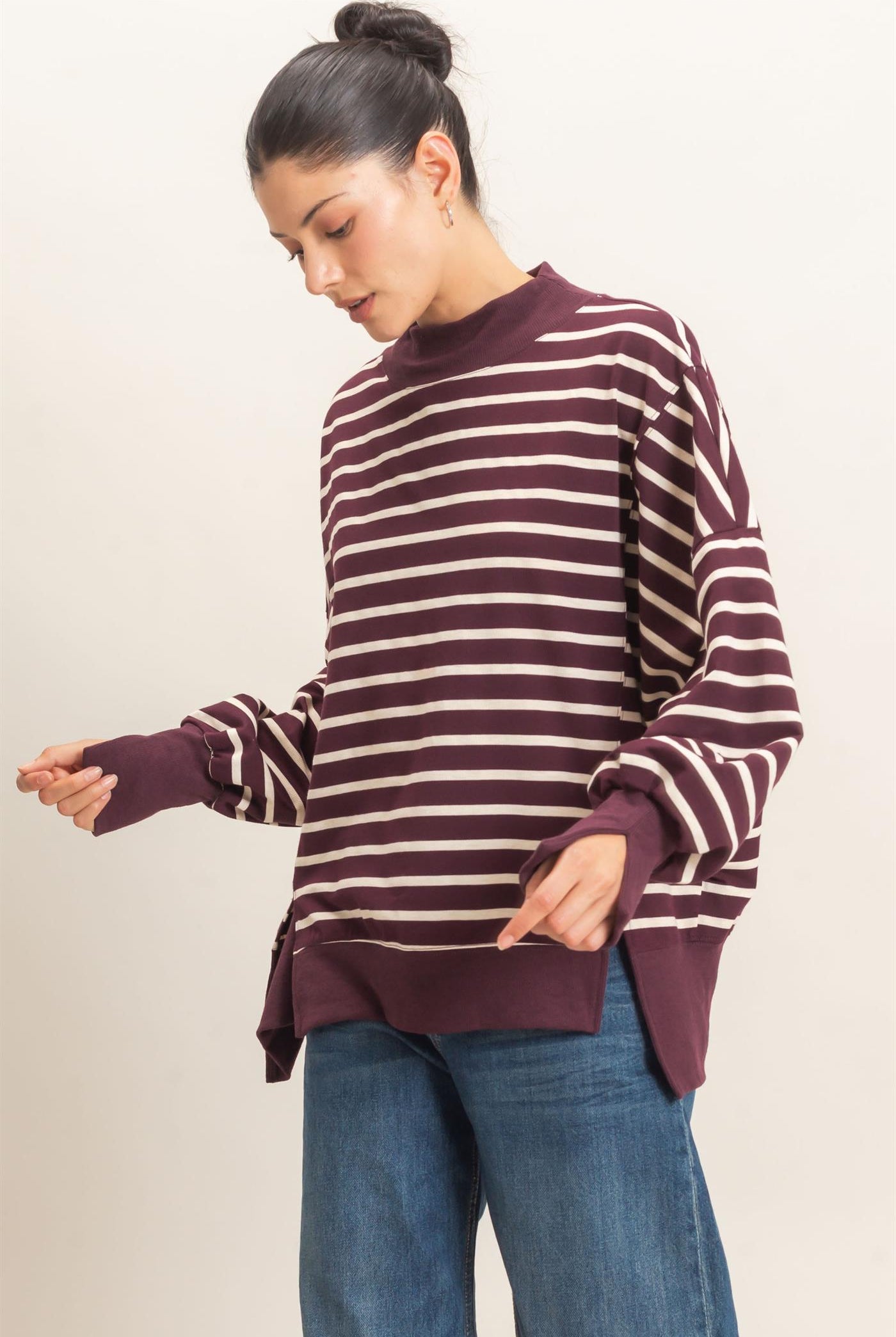Wholesale Striped Mock Neck Sweatshirt Sweatshirts HF27A178-D RASPBERRY/ECRU HYFVE