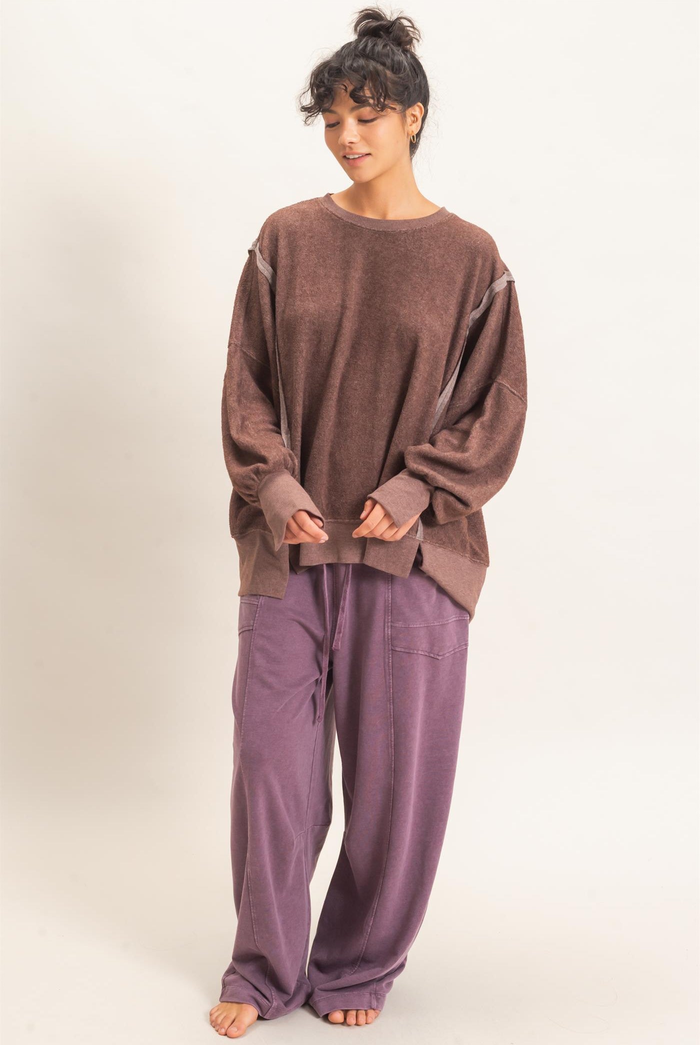 Wholesale Oversized Raw Edge Crew Neck Sweatshirt Sweatshirts DZ26E273 DARK BROWN DOUBLE ZERO