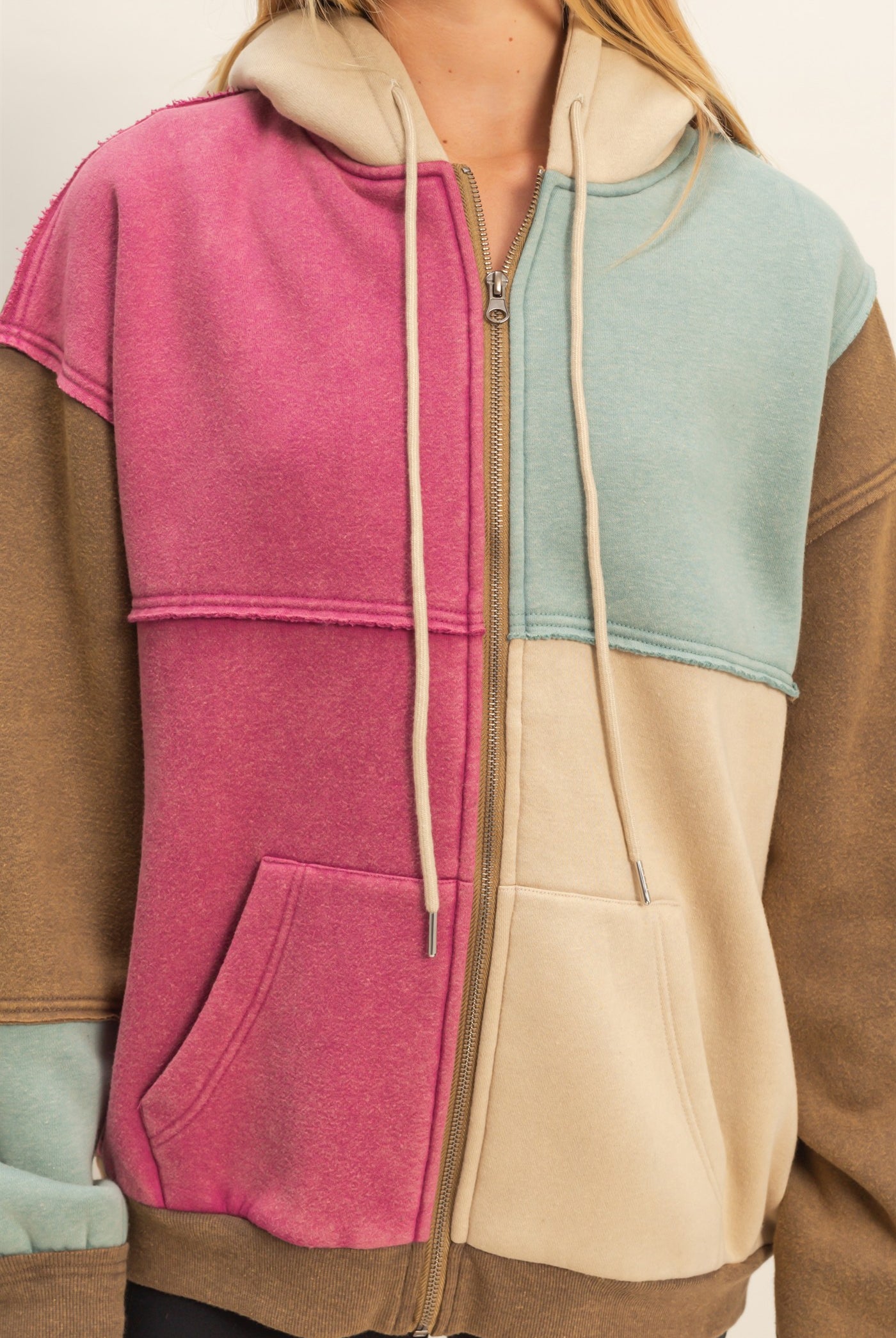 Wholesale Mineral Washed Colorblock Hoodie Jacket Hoodies HF26A959 BROWN COMBO HYFVE