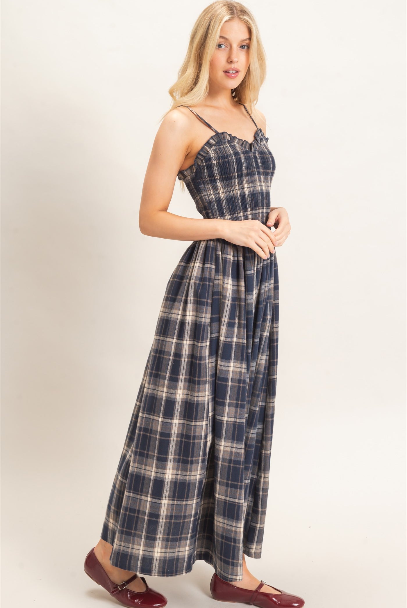 Wholesale Plaid Smocked Maxi Dress Dresses HF26C898 NAVY HYFVE
