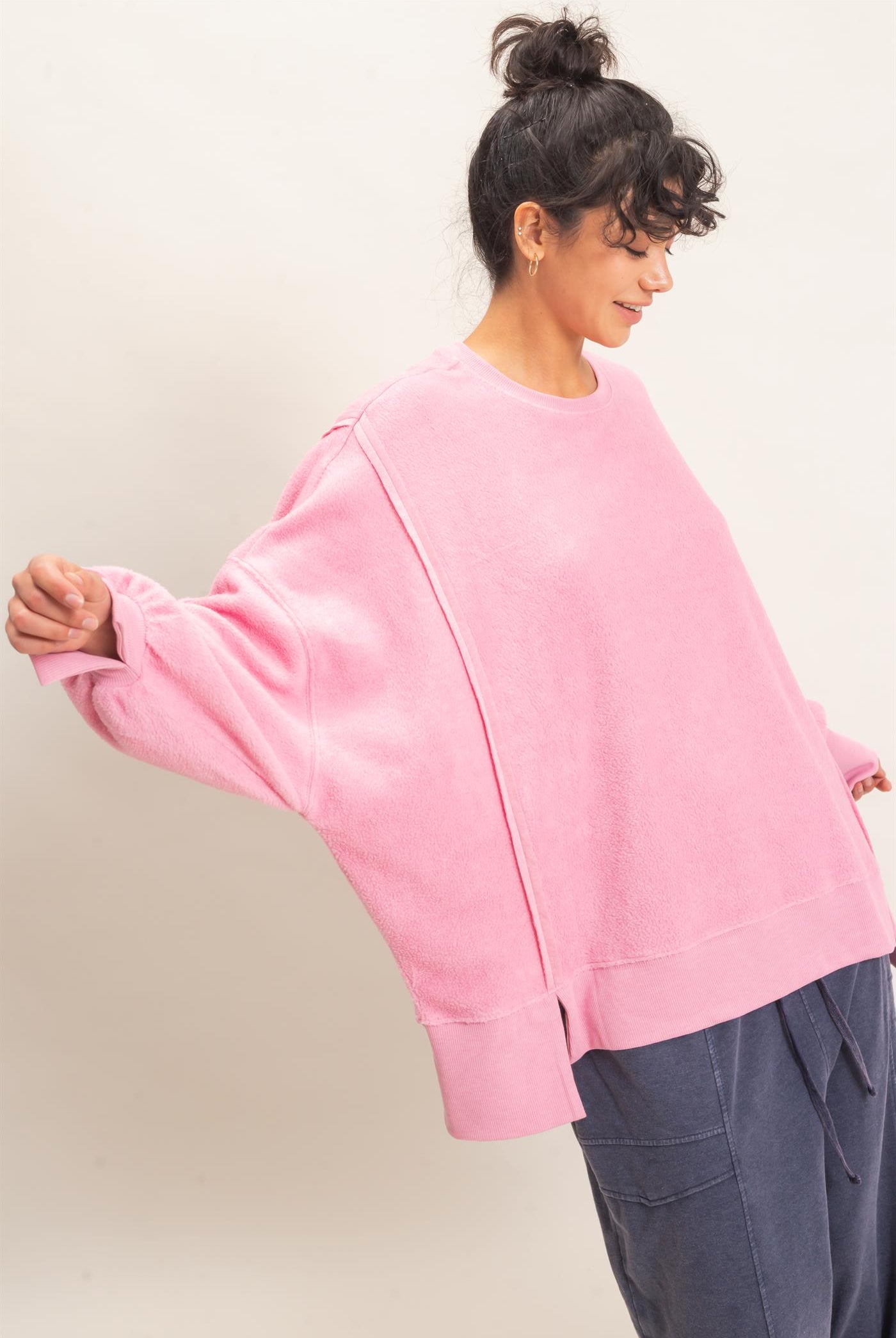 Wholesale Oversized Raw Edge Crew Neck Sweatshirt Sweatshirts DZ26E273 PINK DOUBLE ZERO