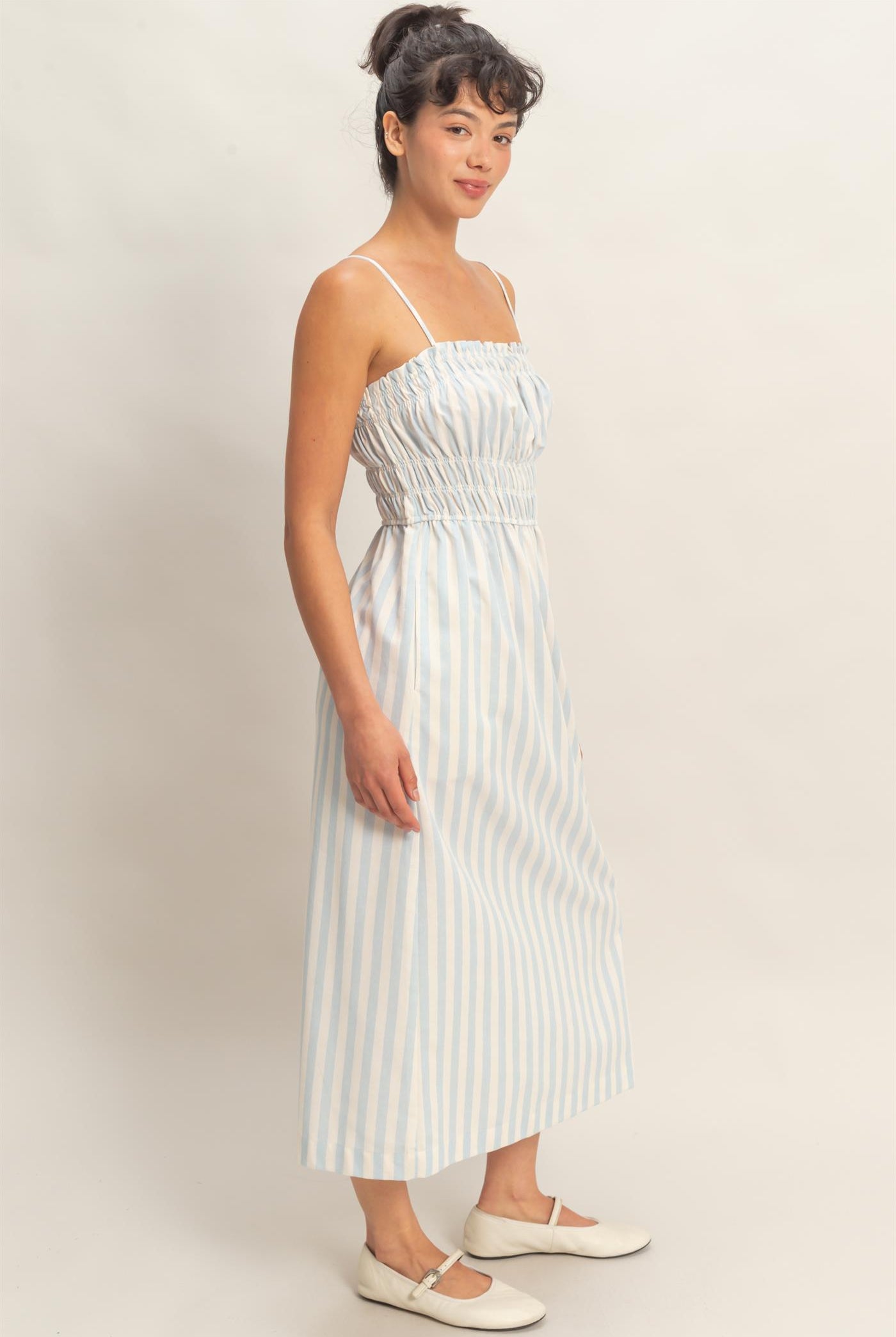 Wholesale Striped Spaghetti Strap Smocking Midi Dress Dresses DZ26C191 BLUE DOUBLE ZERO