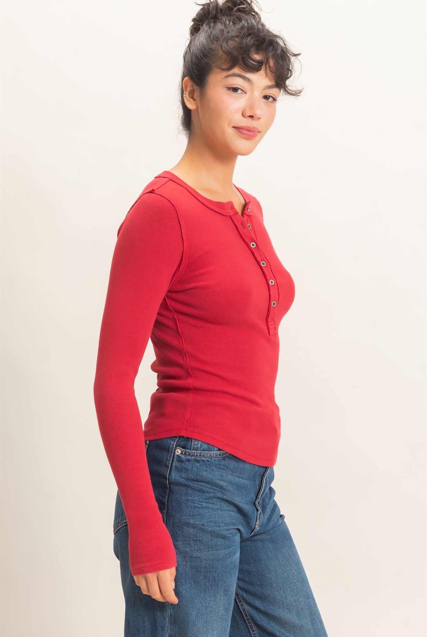 Wholesale Pigment Dye Henley Long Sleeve Top Clothing Tops DZ26C882 DARK RED DOUBLE ZERO