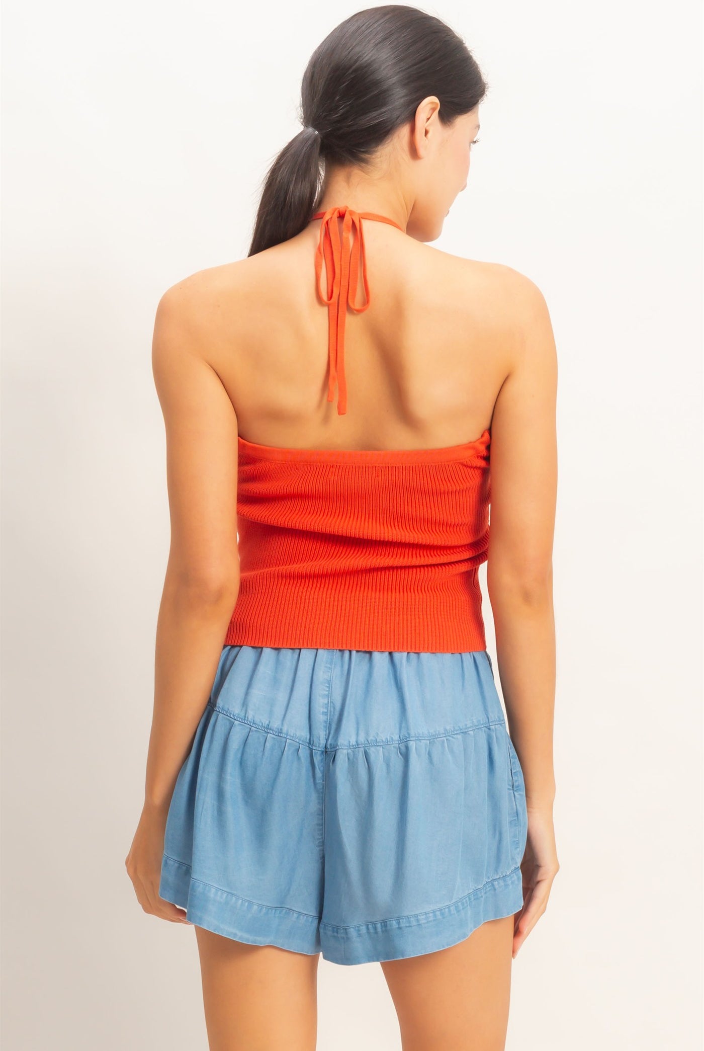 Wholesale Ribbed Halter Top With Twist Clothing Tops HF26A299 ORANGE RED HYFVE