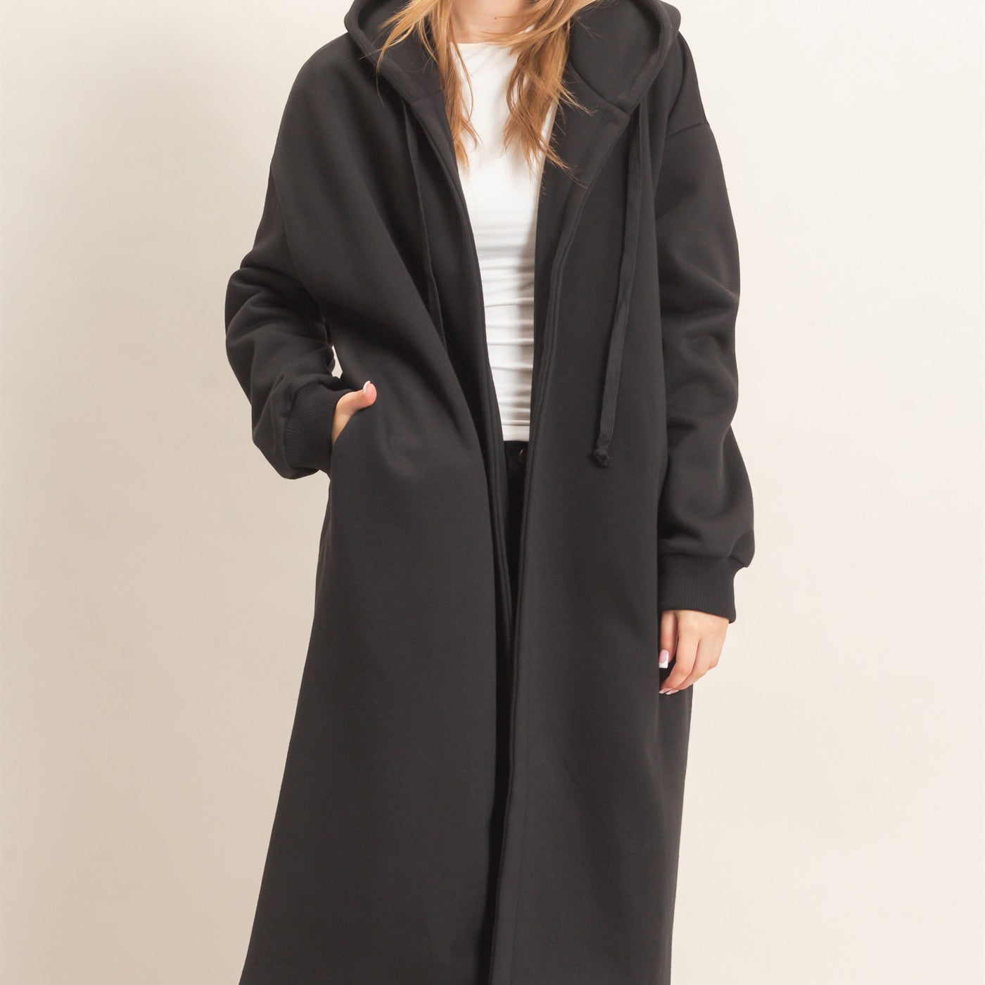 Wholesale Oversized Hooded Open Front Coat Coats & Jackets HF26F142-D BLACK HYFVE