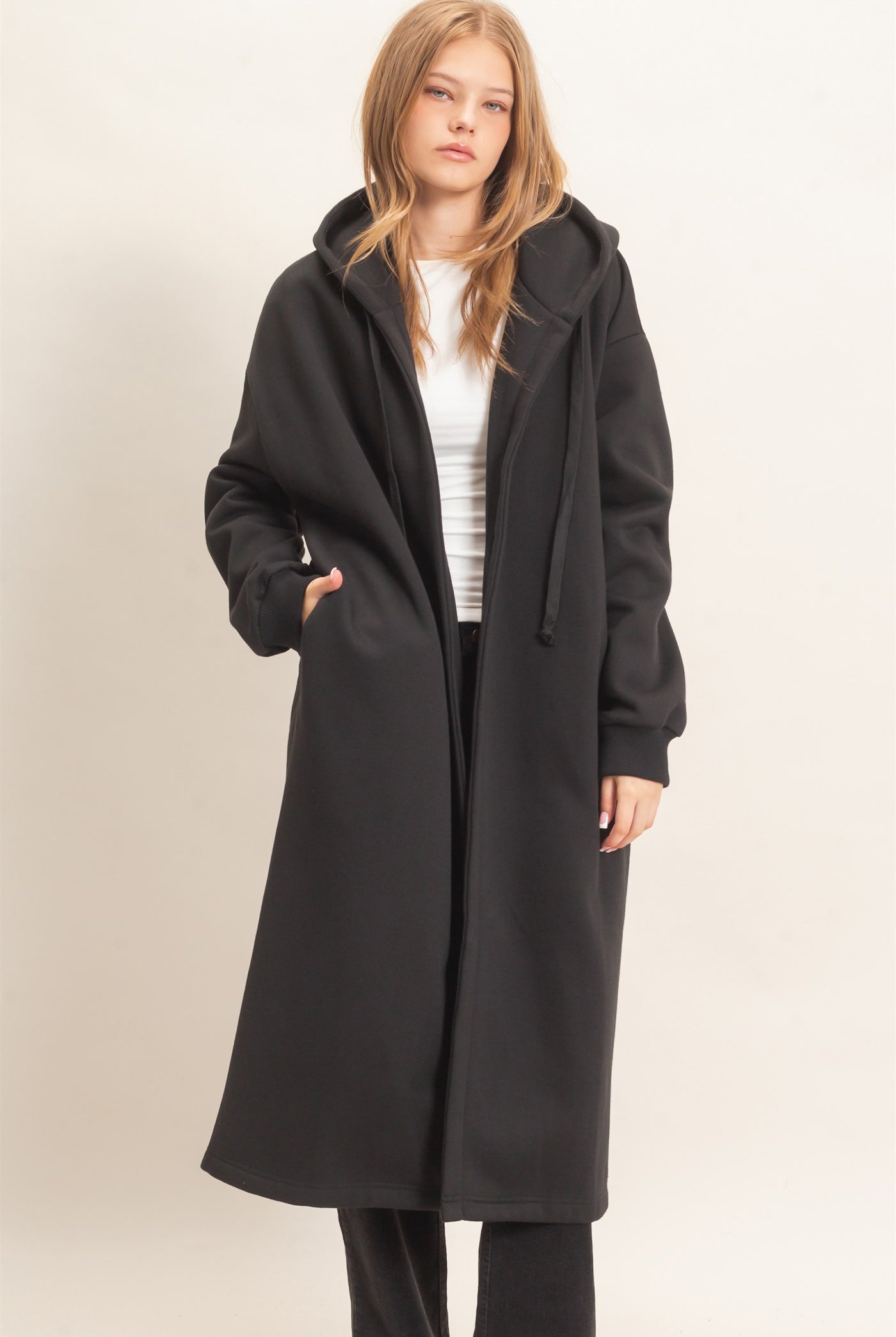 Wholesale Oversized Hooded Open Front Coat Coats & Jackets HF26F142-D BLACK HYFVE