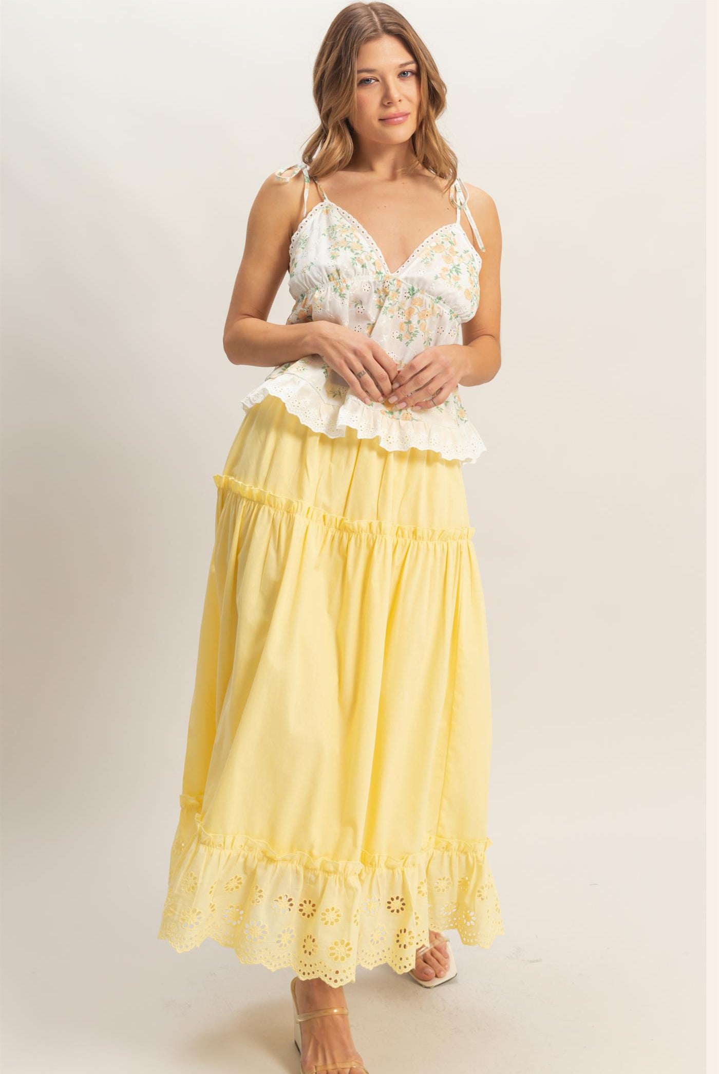 Wholesale Tiered Eyelet Maxi Skirt Skirts HF26C313 YELLOW HYFVE