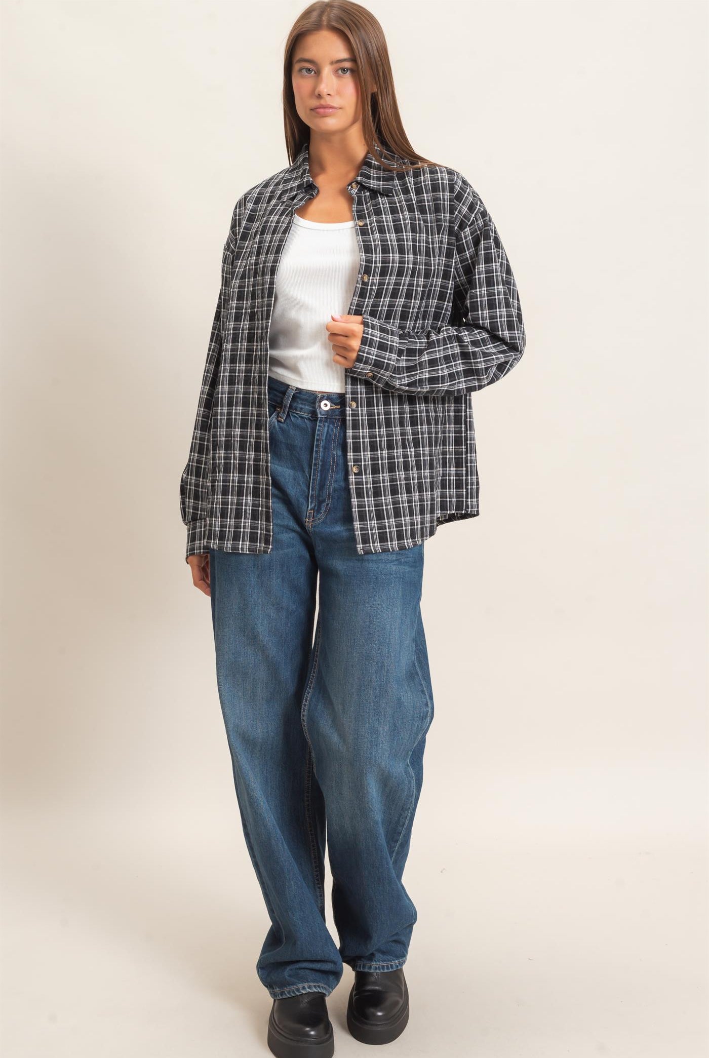 Wholesale Plaid Oversized Shirt Shirts DZ26F062 BLACK DOUBLE ZERO