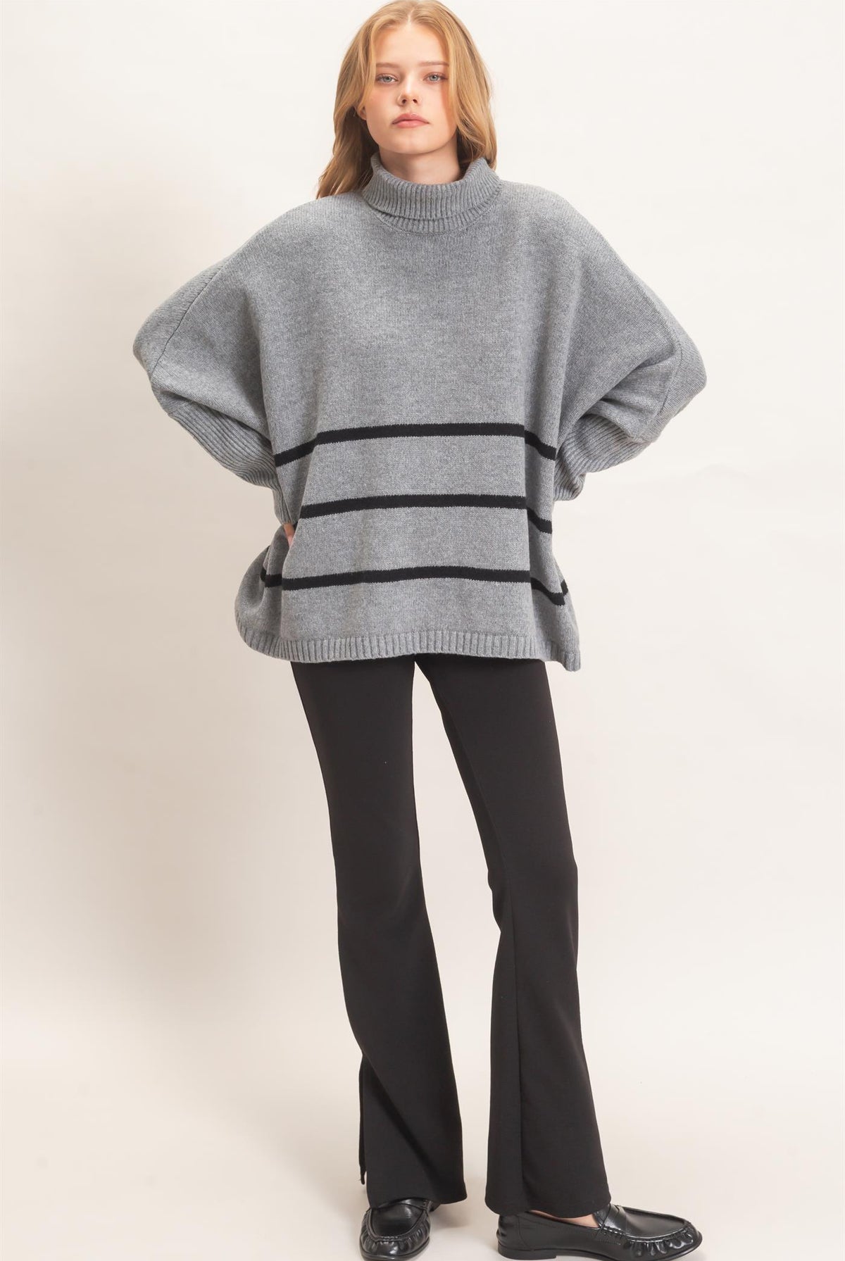 Wholesale Striped Turtleneck Poncho Sweater Sweaters HF26F194 HEATHER GRAY HYFVE