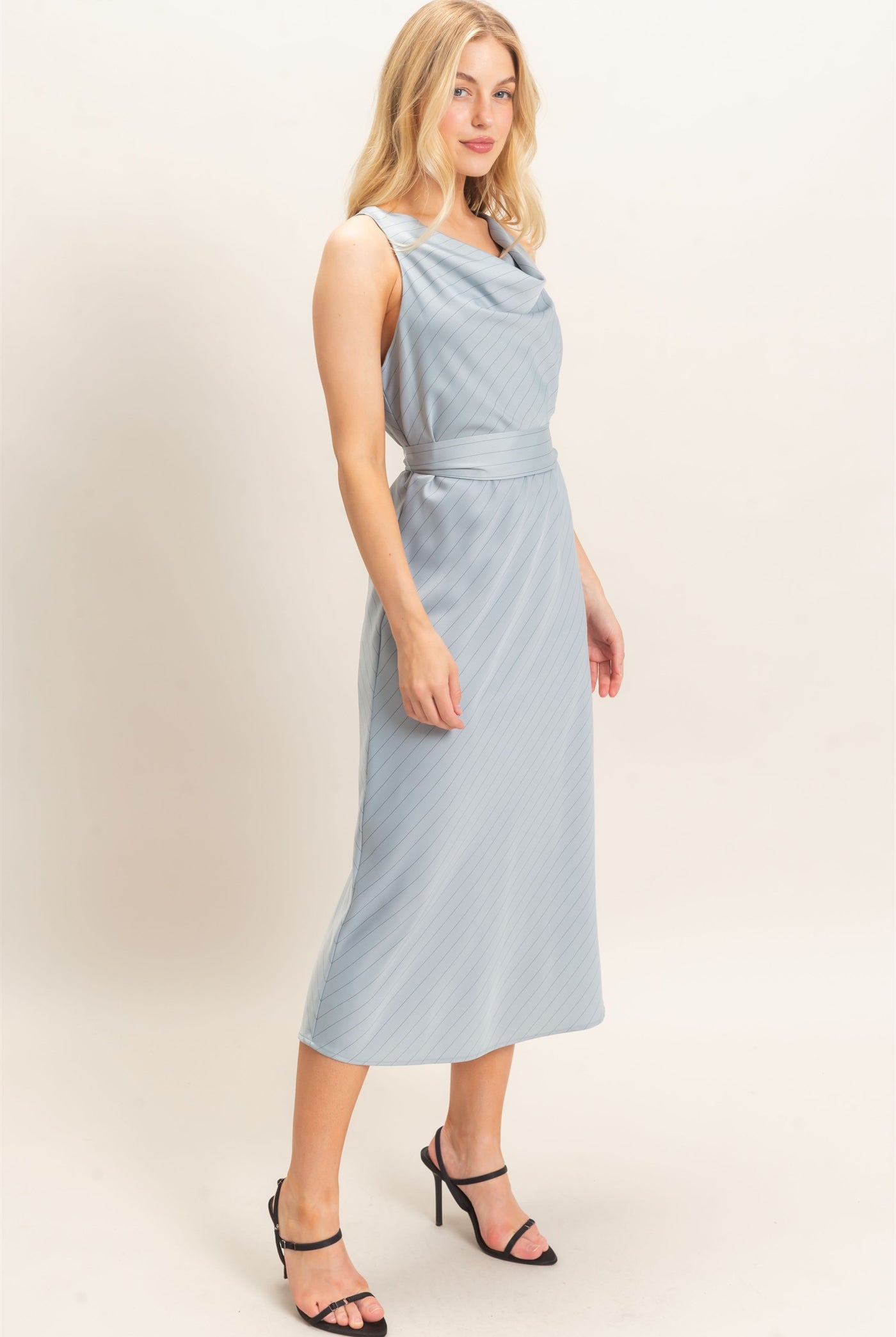 Wholesale Cowl Neck Sleeveless Belted Dress Dresses HF25E739 DUSTY BLUE HYFVE