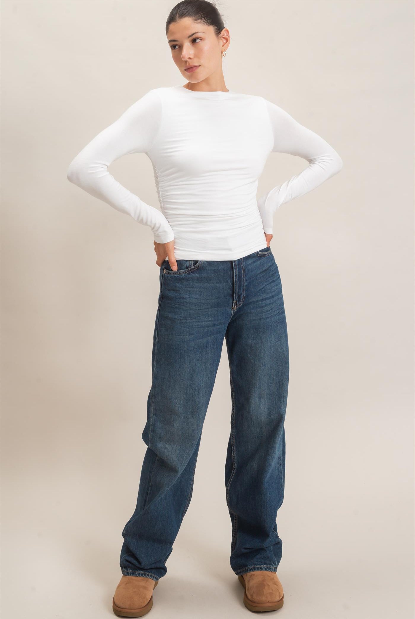Wholesale Ruched Long Sleeve Top Clothing Tops HF26E776 OFF WHITE HYFVE