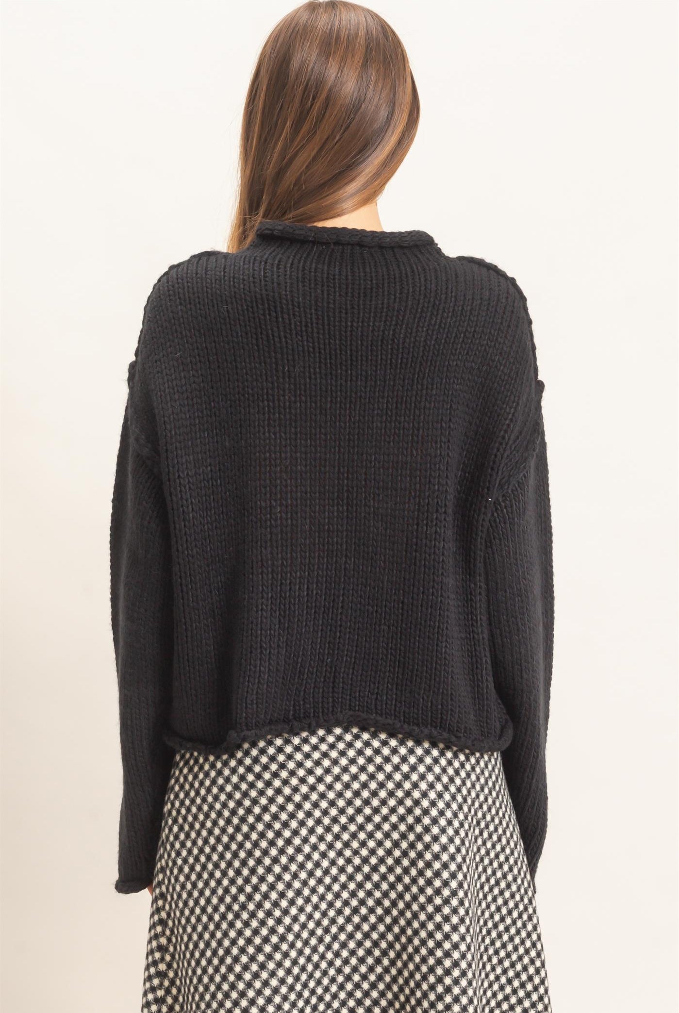 Wholesale Rolled Collar Loose Knit Sweater Sweaters HF26C859 BLACK HYFVE