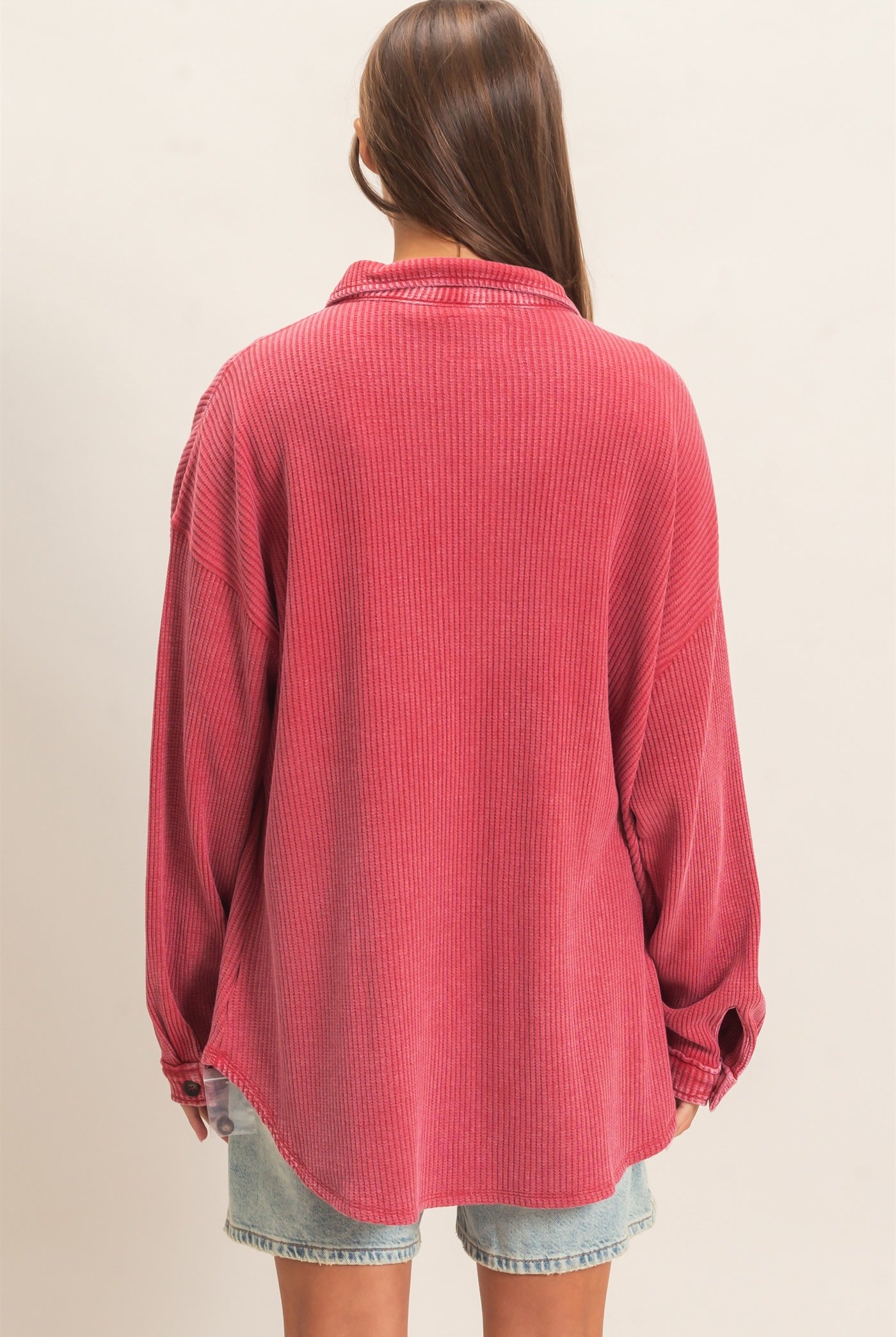 Wholesale Mineral Wash Waffle Knit Button-Up Shacket Coats & Jackets DZ26E249 DARK RED DOUBLE ZERO