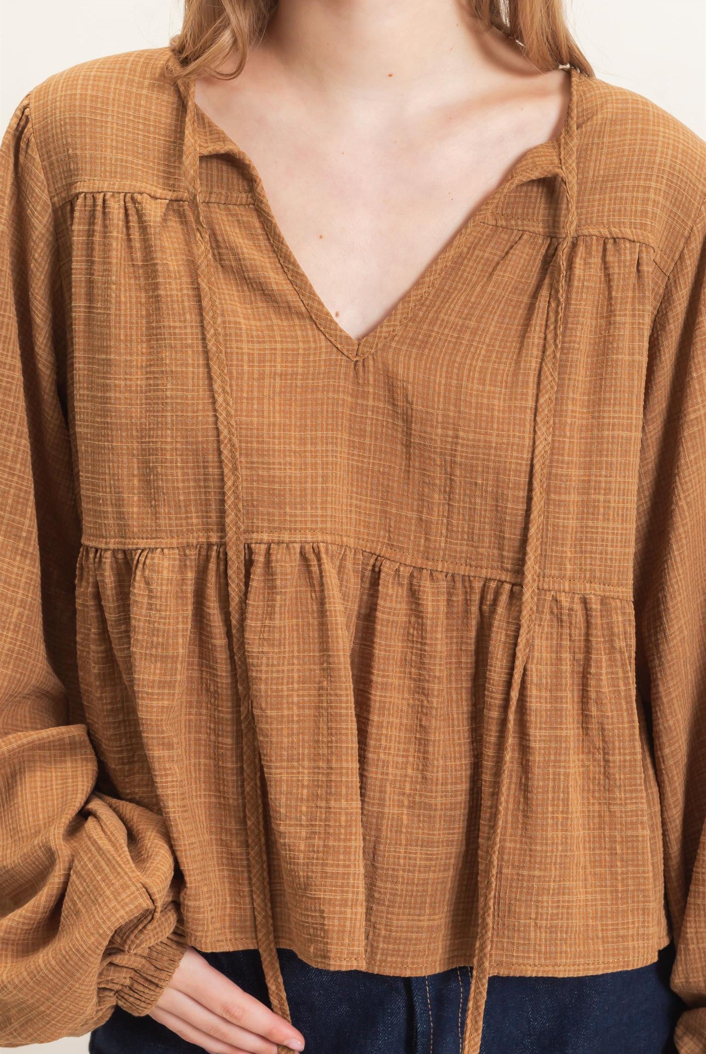 Wholesale Tie Front Peplum Blouse Blouses HF26F065 BROWN HYFVE