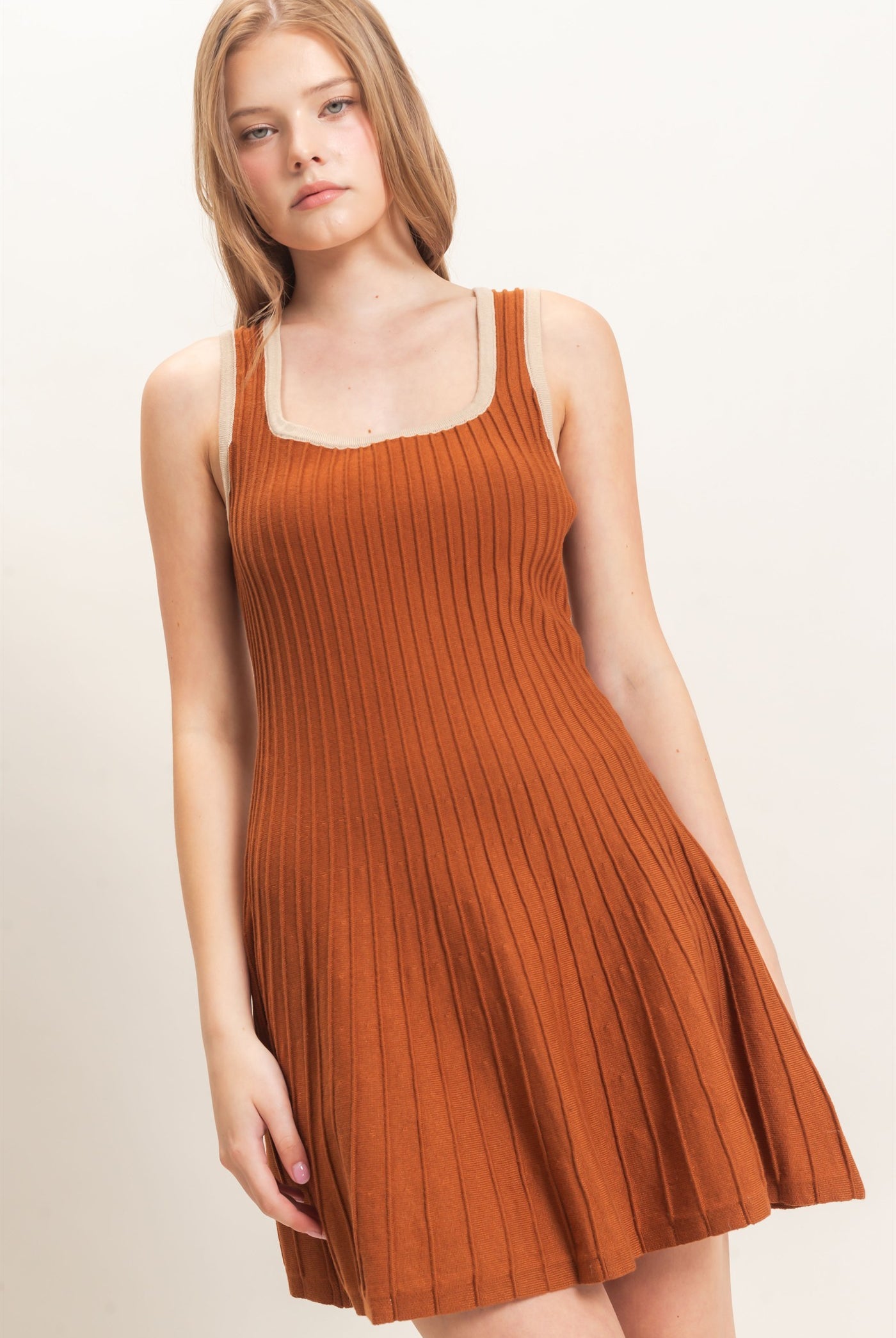 Wholesale Ribbed Square Neck Mini Dress Dresses HF26F213 BROWN HYFVE