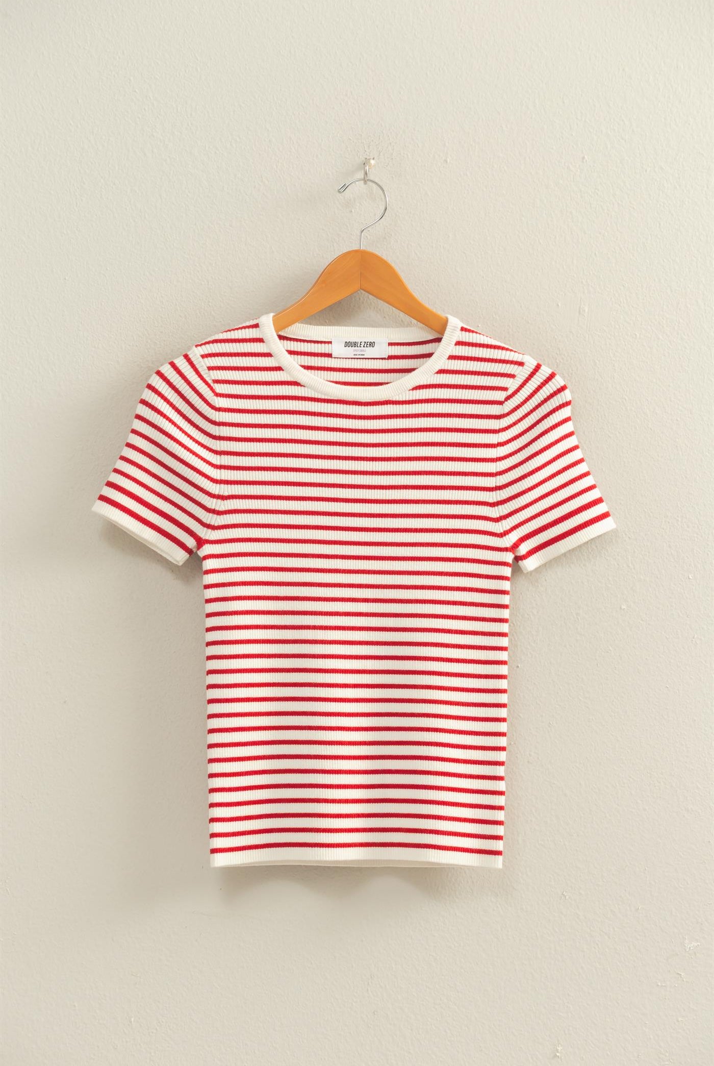 Wholesale Striped Ribbed Short Sleeve Crew Neck Knit Top Clothing Tops DZ26A450 RED DOUBLE ZERO