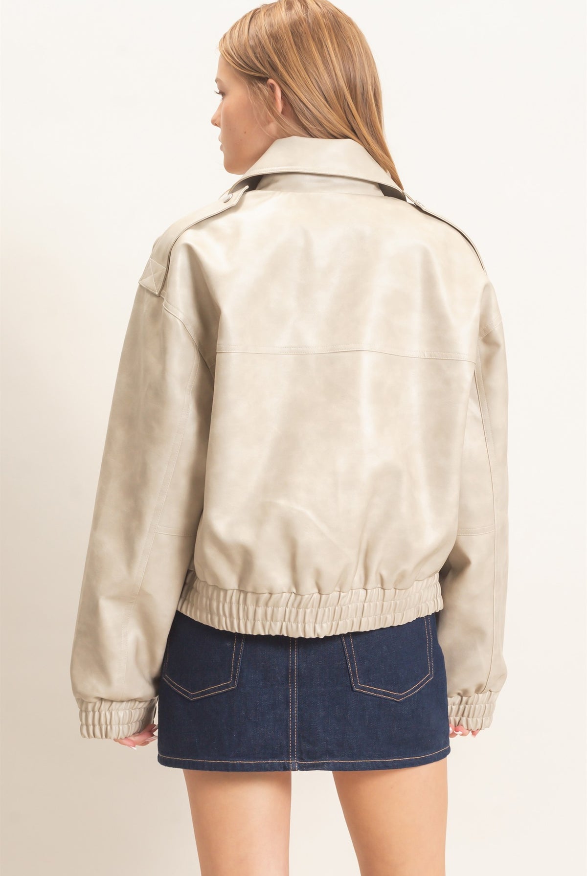 Wholesale Faux Leather Collared Bomber Jacket Bomber Jackets HF26C847 ECRU HYFVE