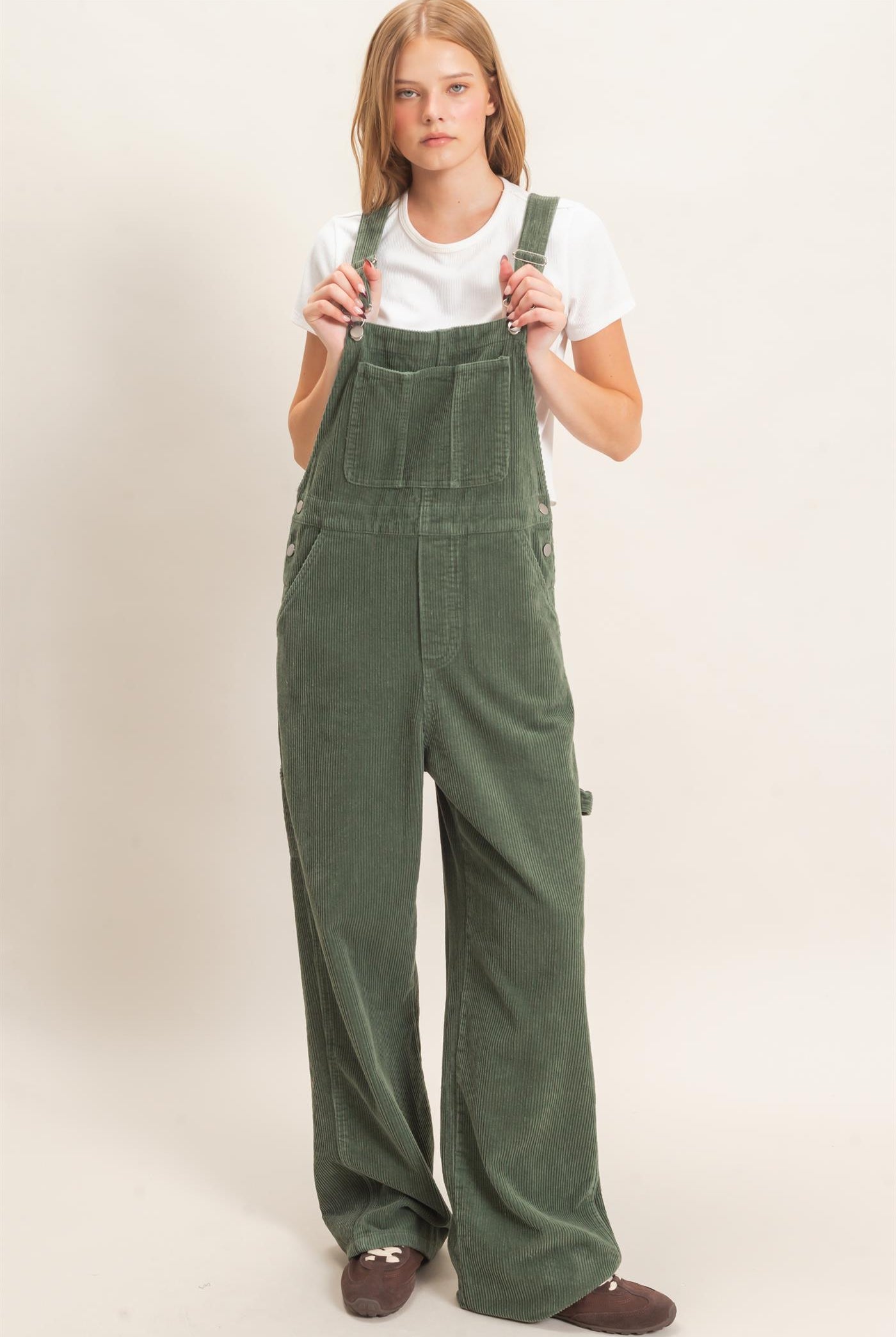 Wholesale Mineral Wash Corduroy Overalls Clothing HF26F210-D OLIVE HYFVE