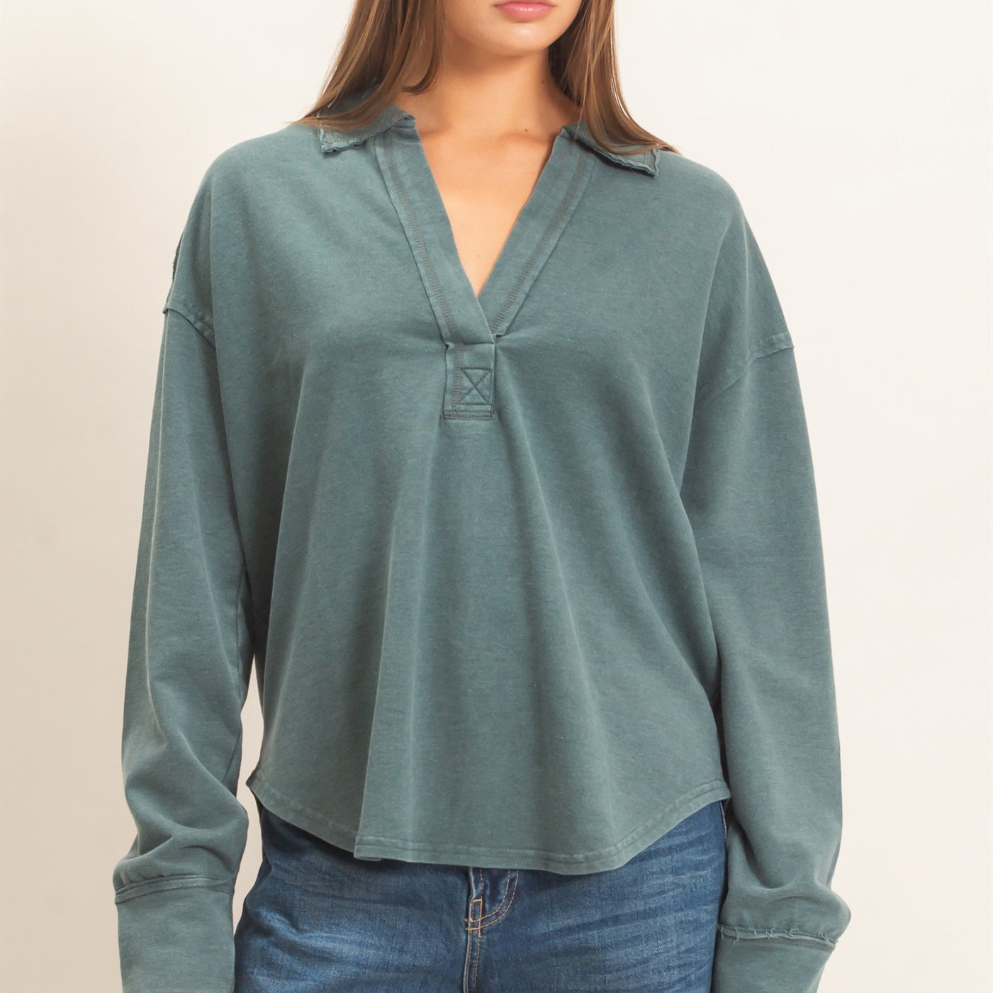 Wholesale Mineral Washed Polo Collar Long Sleeve Top Polos DZ26E887 DARK GREEN DOUBLE ZERO