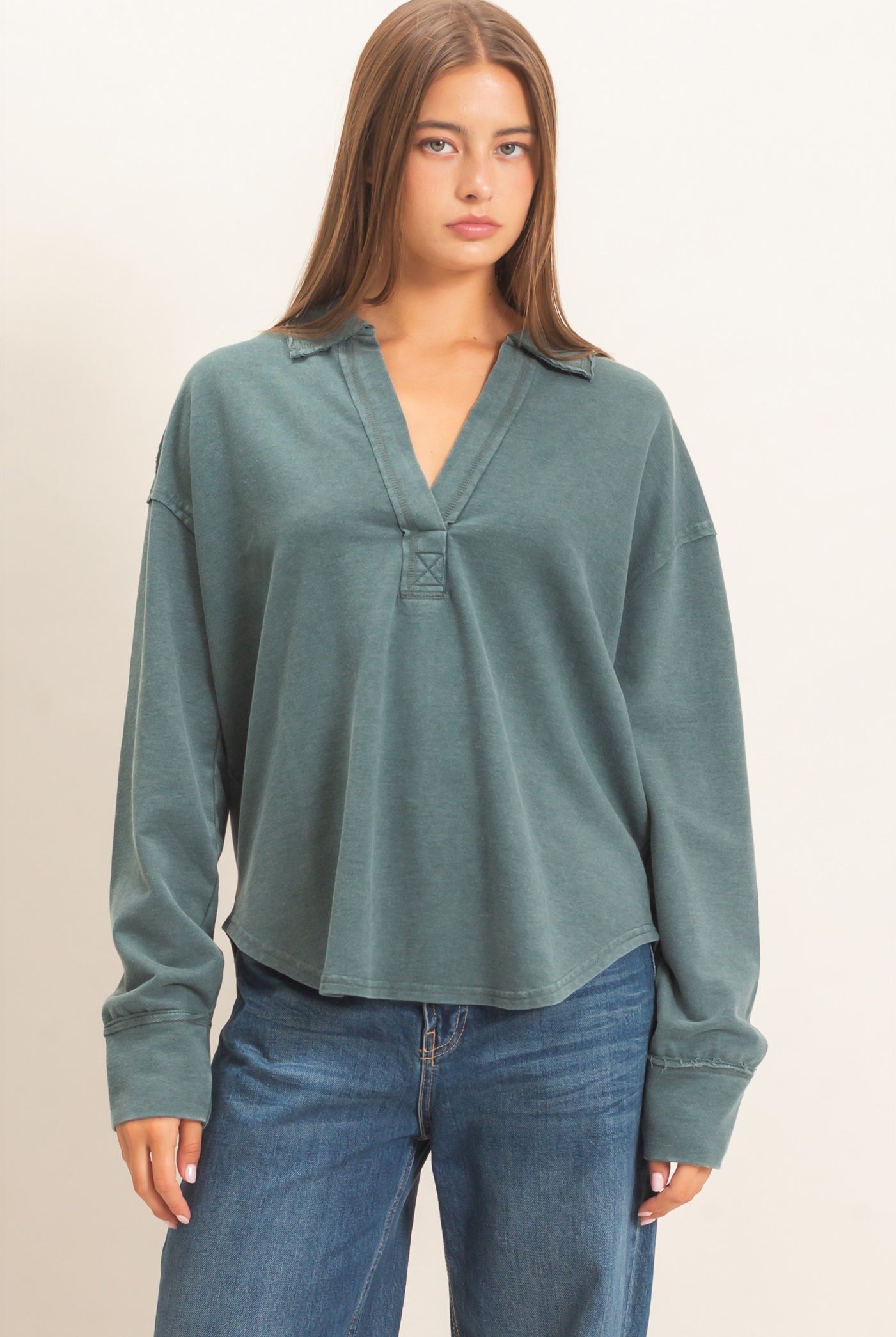 Wholesale Mineral Washed Polo Collar Long Sleeve Top Polos DZ26E887 DARK GREEN DOUBLE ZERO