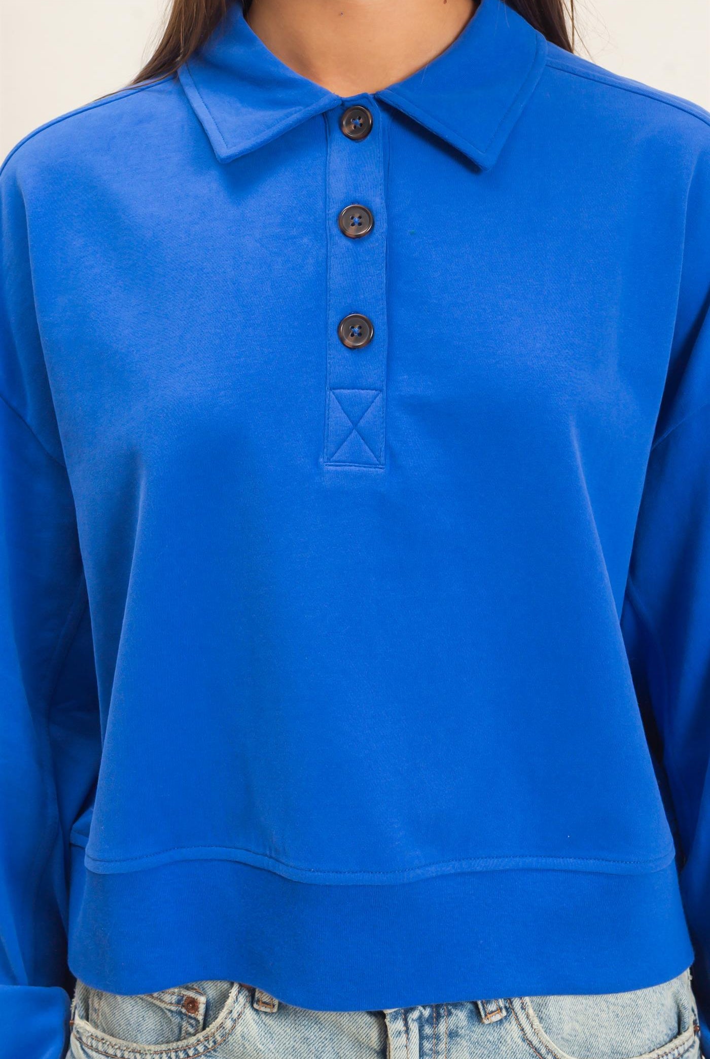 Wholesale Washed Button-Front Collared Sweatshirt Sweatshirts DZ26E390 COBALT DOUBLE ZERO